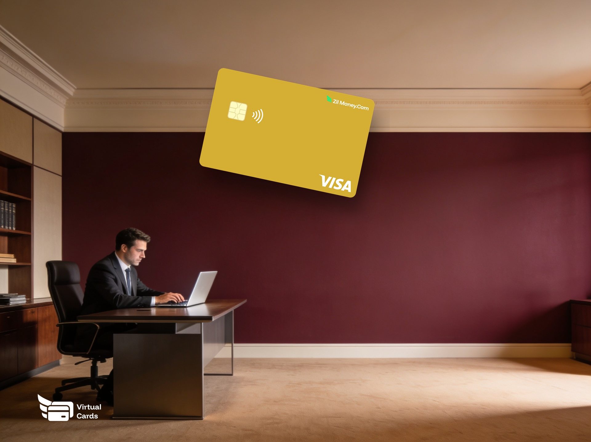An accountant at a laptop with a gold Zil Money virtual Visa card, representing virtual cards for accountants and bookkeepers.