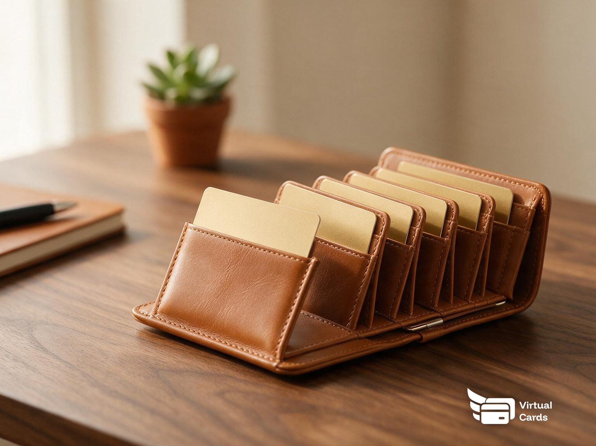A leather card organizer on a wood desk holding several blank gold cards in separate compartments, one card pulled forward and apart from the rest, representing how a virtual card for ad spend keeps each account's limit separate.