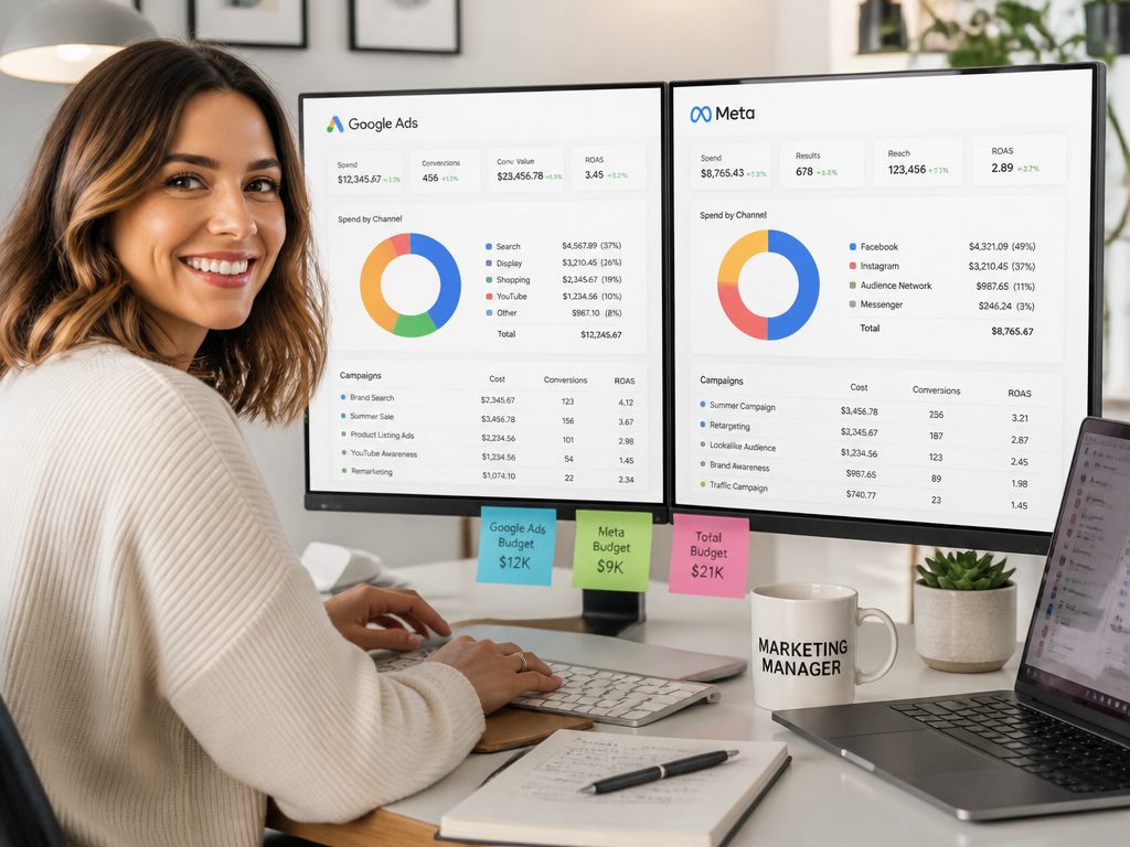 A creative marketing professional in a colorful studio with a gold Zil Money virtual Visa card, representing controlling ad spend with capped virtual cards.