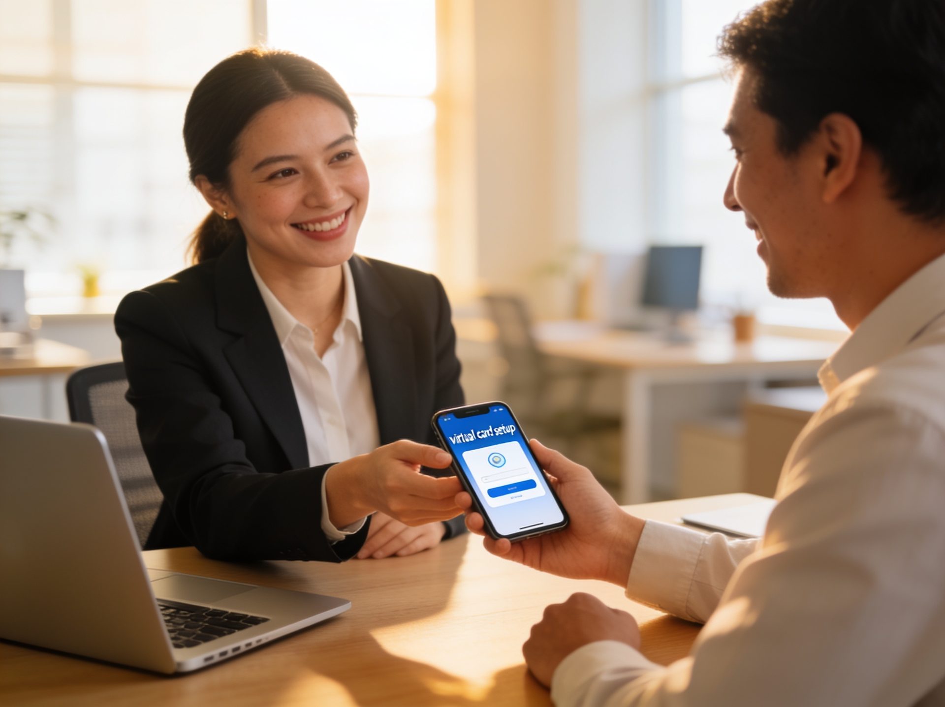 A manager at a laptop with a gold Zil Money virtual Visa card, representing setting up a spend approval workflow.