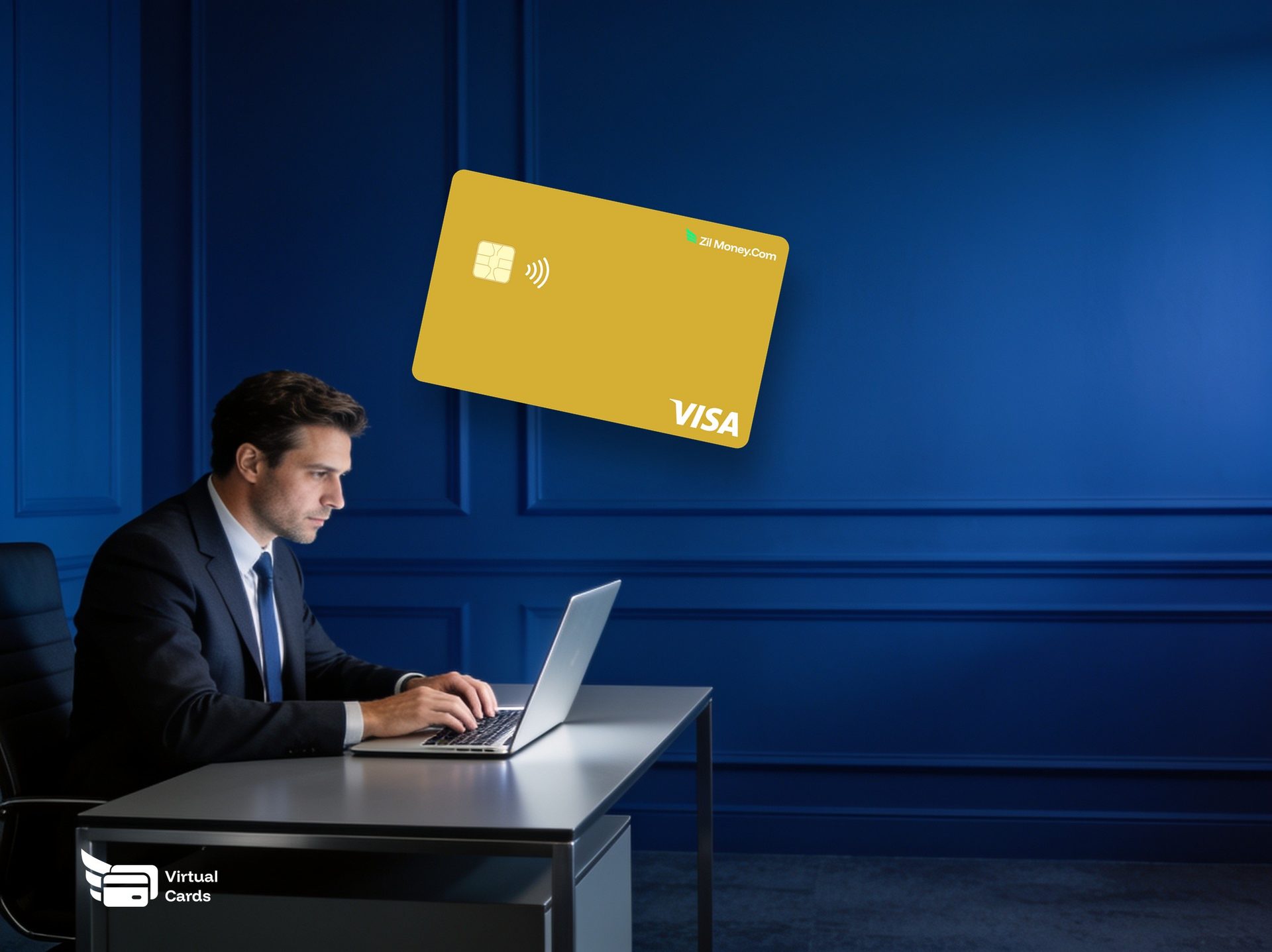 A businessman at a laptop with a gold Zil Money virtual Visa card, representing choosing the best virtual card for business.