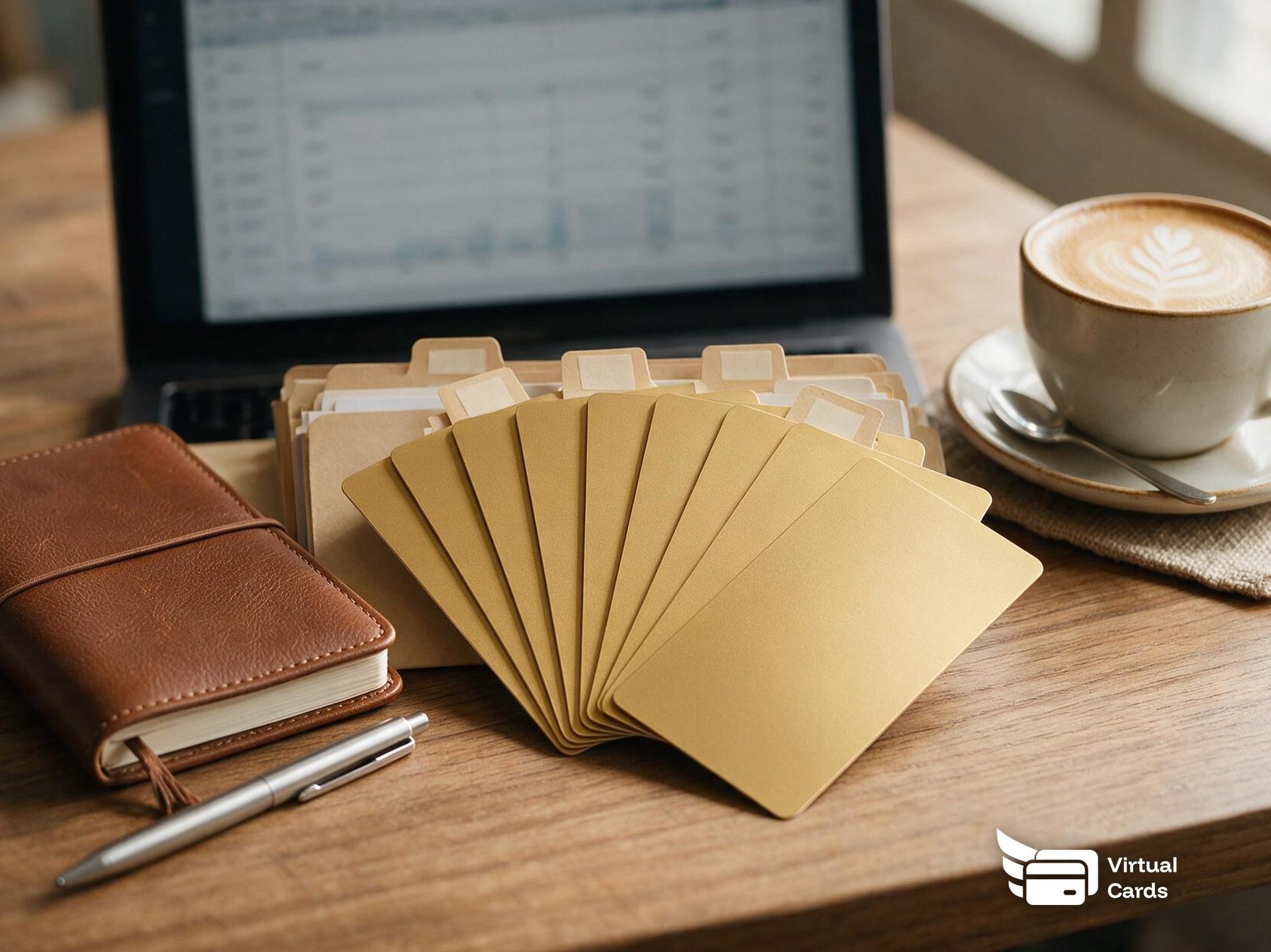 A row of gold virtual cards on a desk, each labeled for a different client file, next to a laptop showing a bookkeeping dashboard, representing how a bookkeeper keeps client spend separated by card.