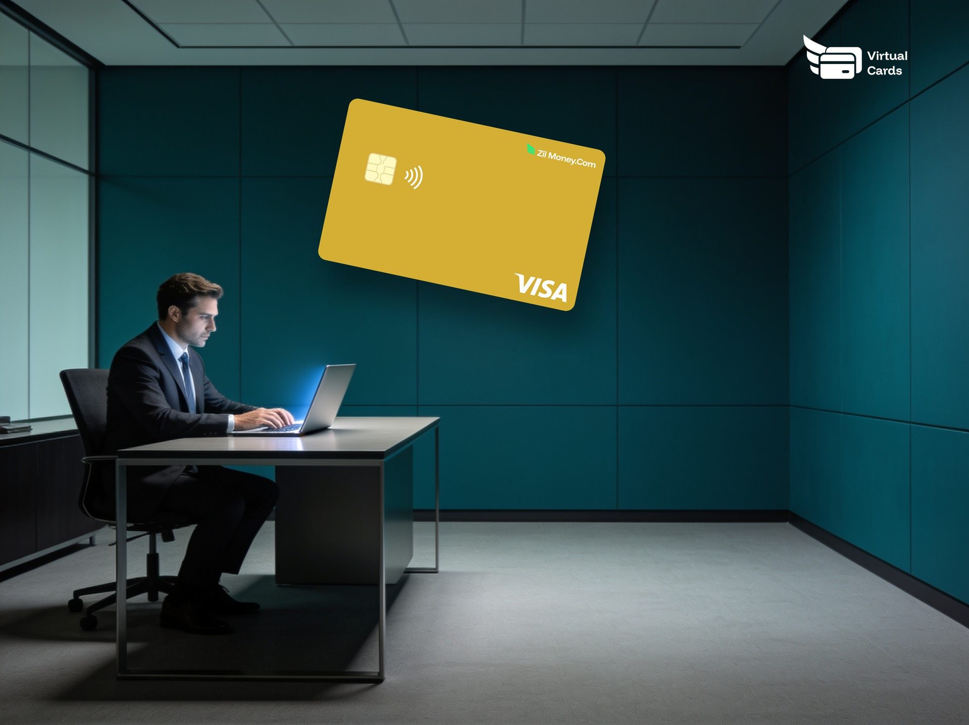 A businessman at a laptop with a gold Zil Money virtual Visa card, representing virtual cards for business payments.