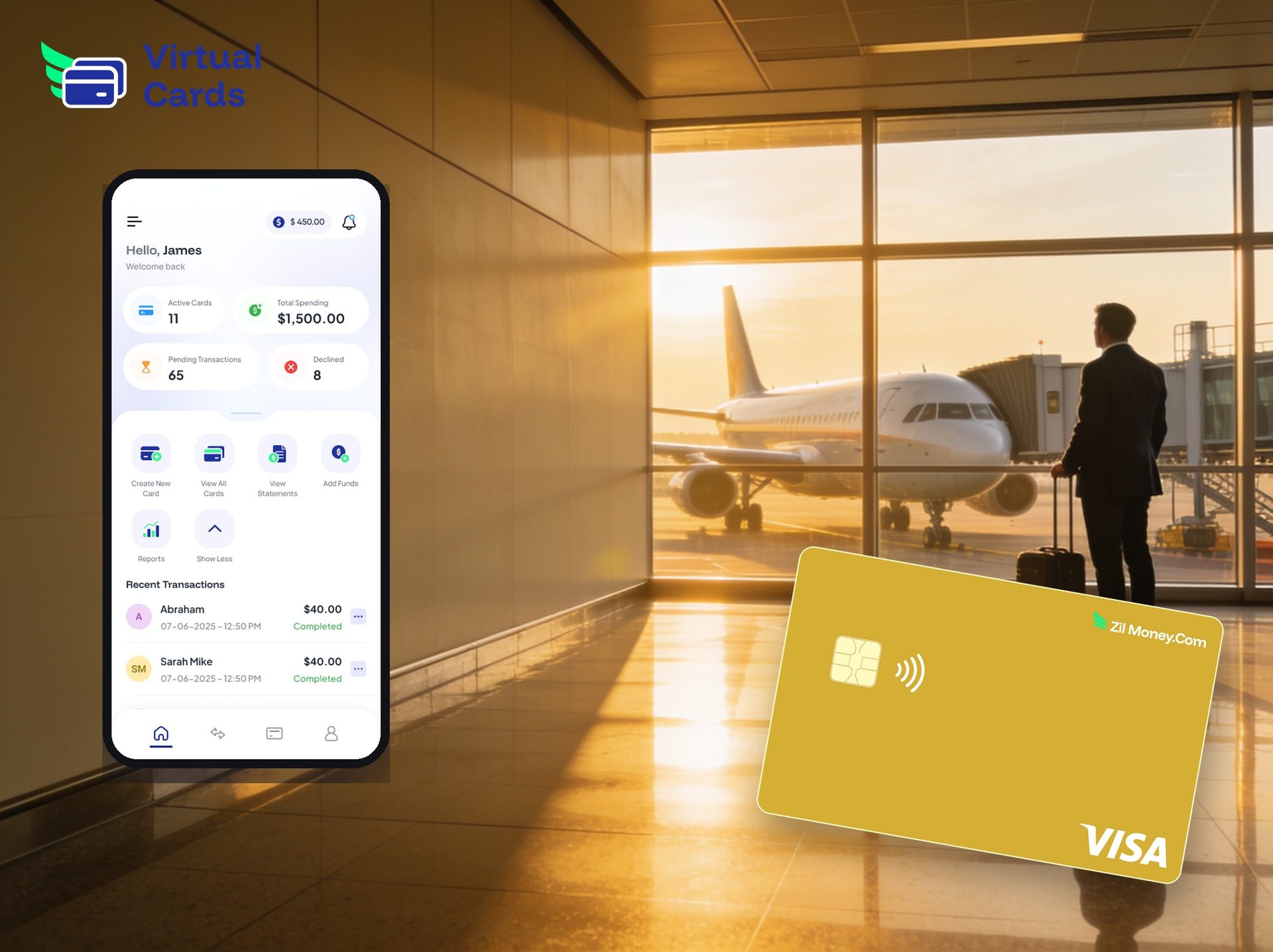 A business traveler at an airport gate with the Zil Money mobile app dashboard on a phone and a gold virtual Visa card, representing per-trip business travel cards.
