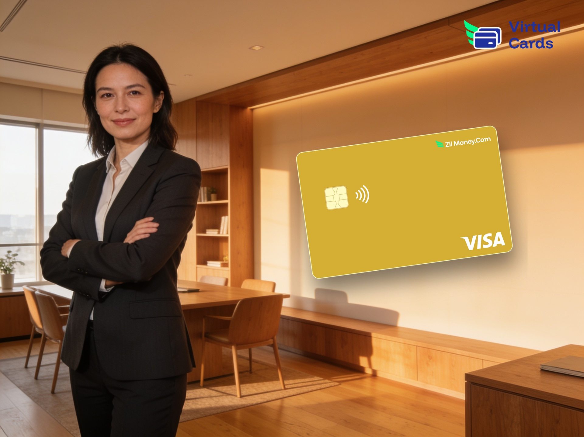 A consultant in a warm modern office with a gold Zil Money virtual Visa card, representing tracking billable client expenses on a card per client.