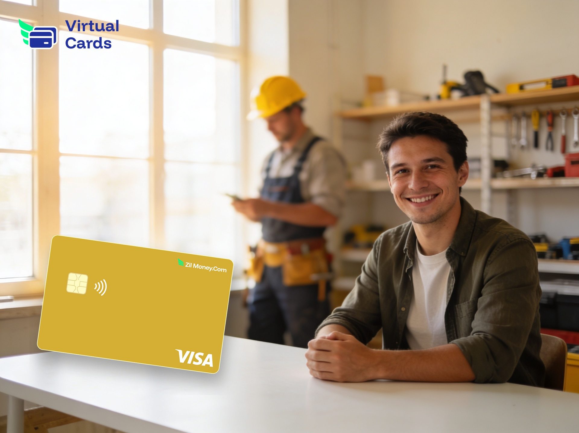 A small-business owner and a contractor in a workshop with a gold virtual Visa card, representing paying a contractor without sharing your own credit card.