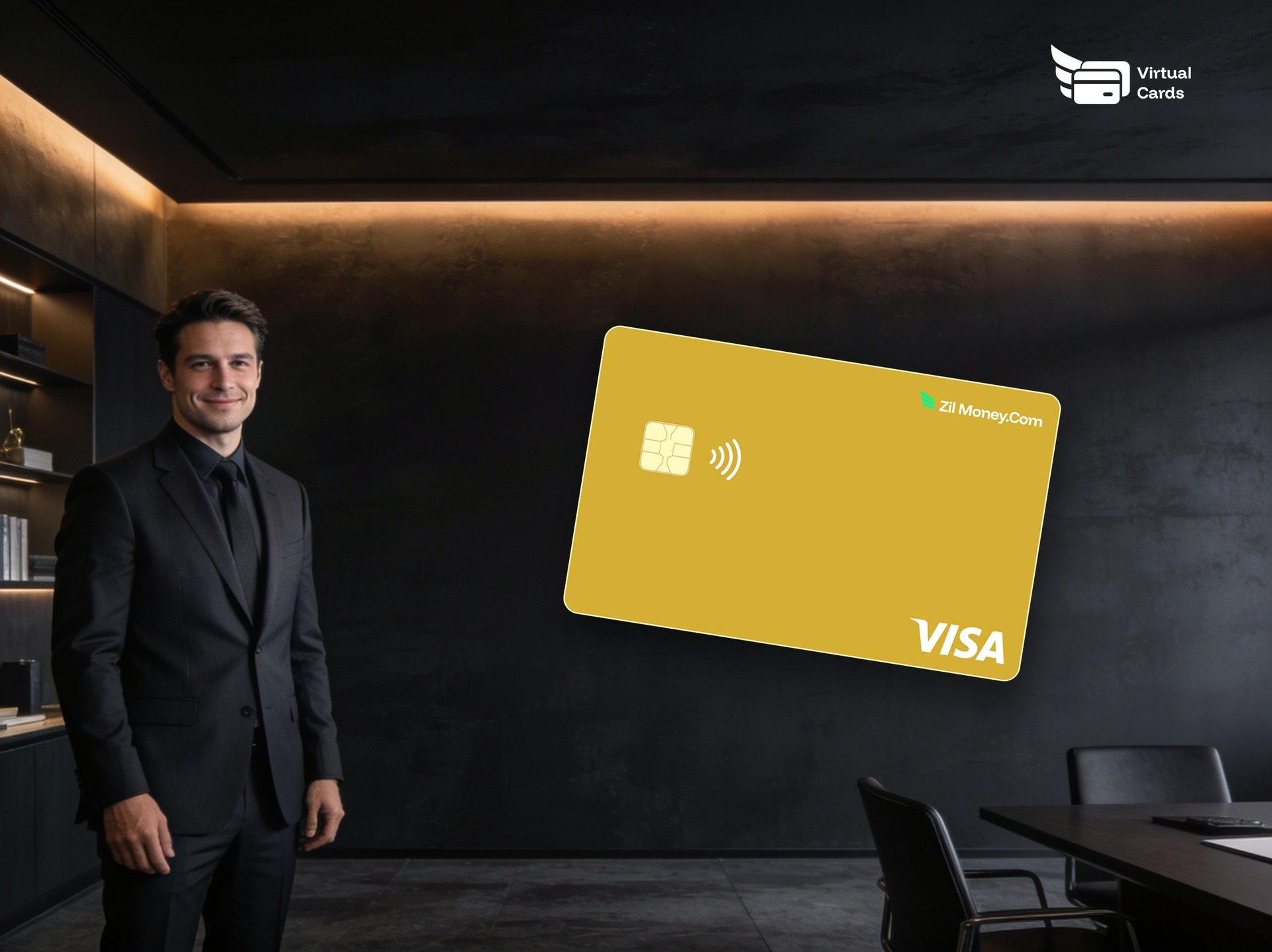 A confident business manager in a modern office with a gold Zil Money virtual Visa card, representing giving each department its own virtual card budget.