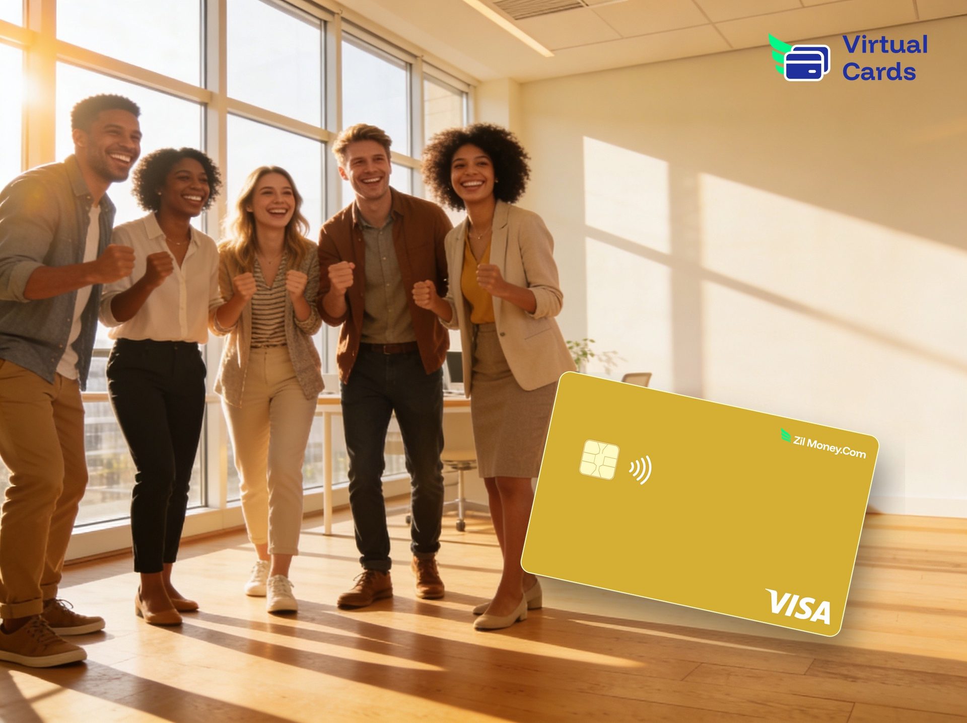 A team of smiling employees in a bright office with a gold Zil Money virtual Visa card, representing sending bulk employee gift cards as virtual Visa cards.