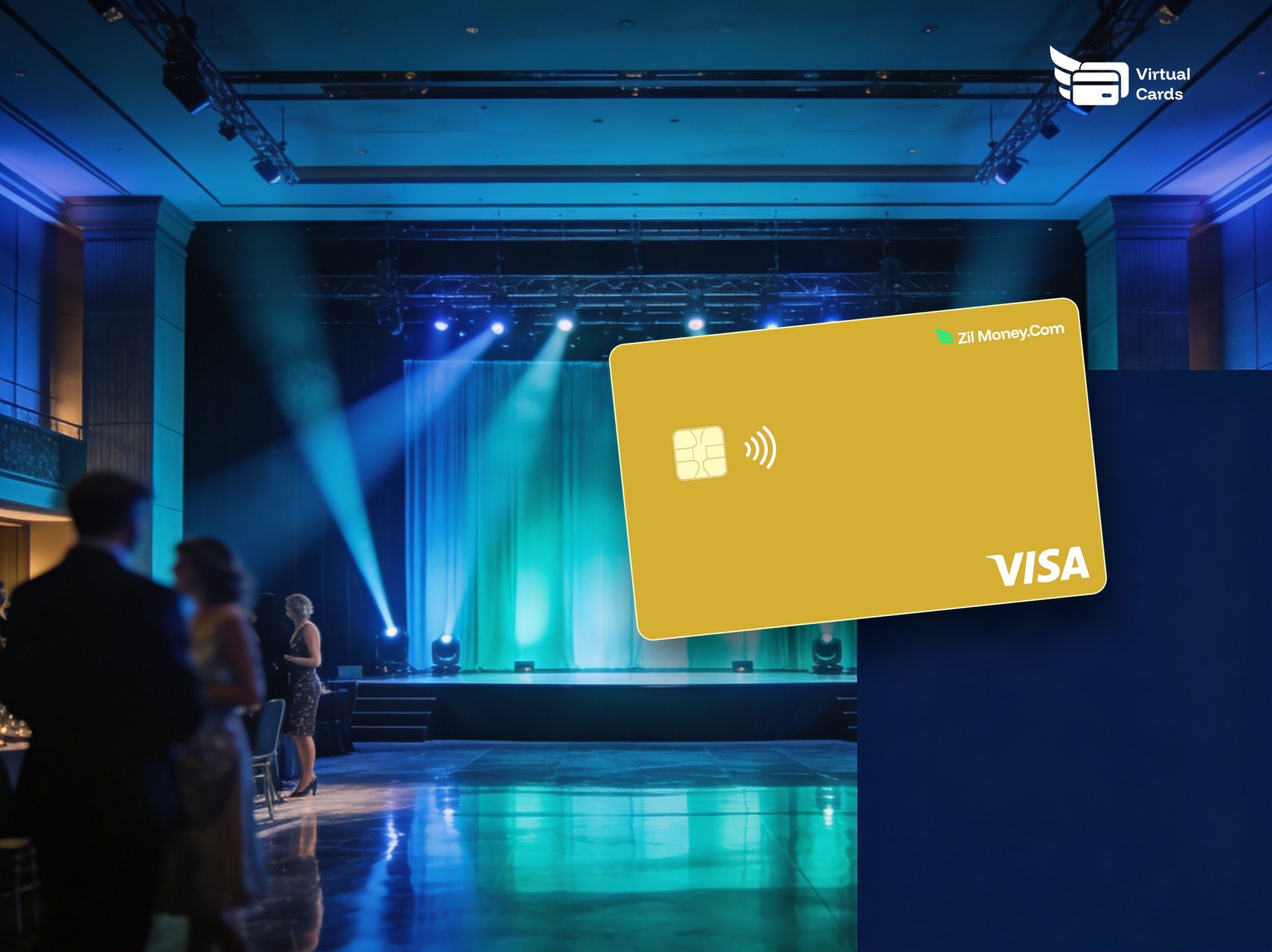An event venue with blue stage lighting and a gold Zil Money virtual Visa card, representing managing event and conference spend on per-event virtual cards.