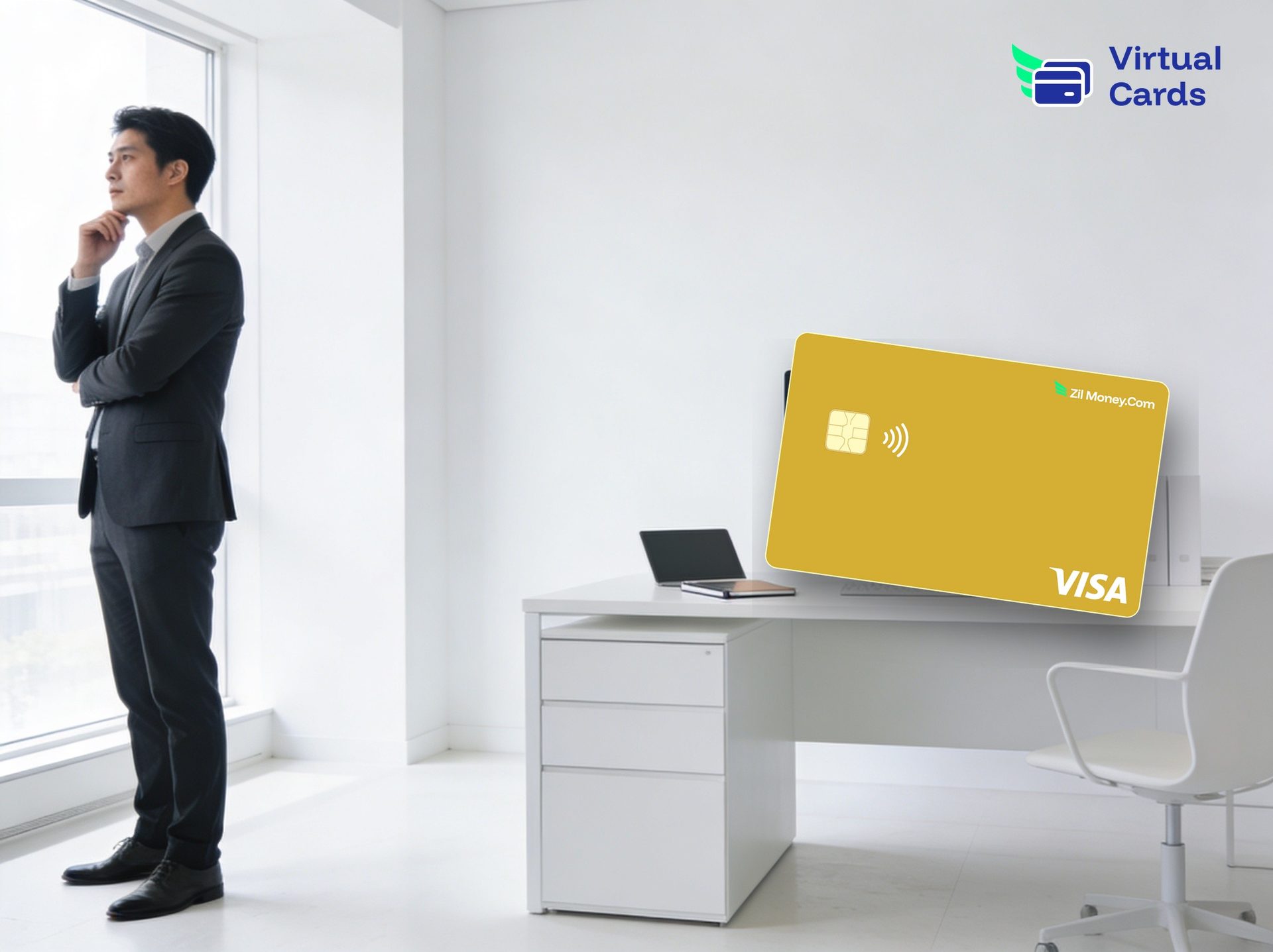 A professional in a bright office with a gold Zil Money virtual Visa card, representing tracking free-trial deadlines with a virtual card.