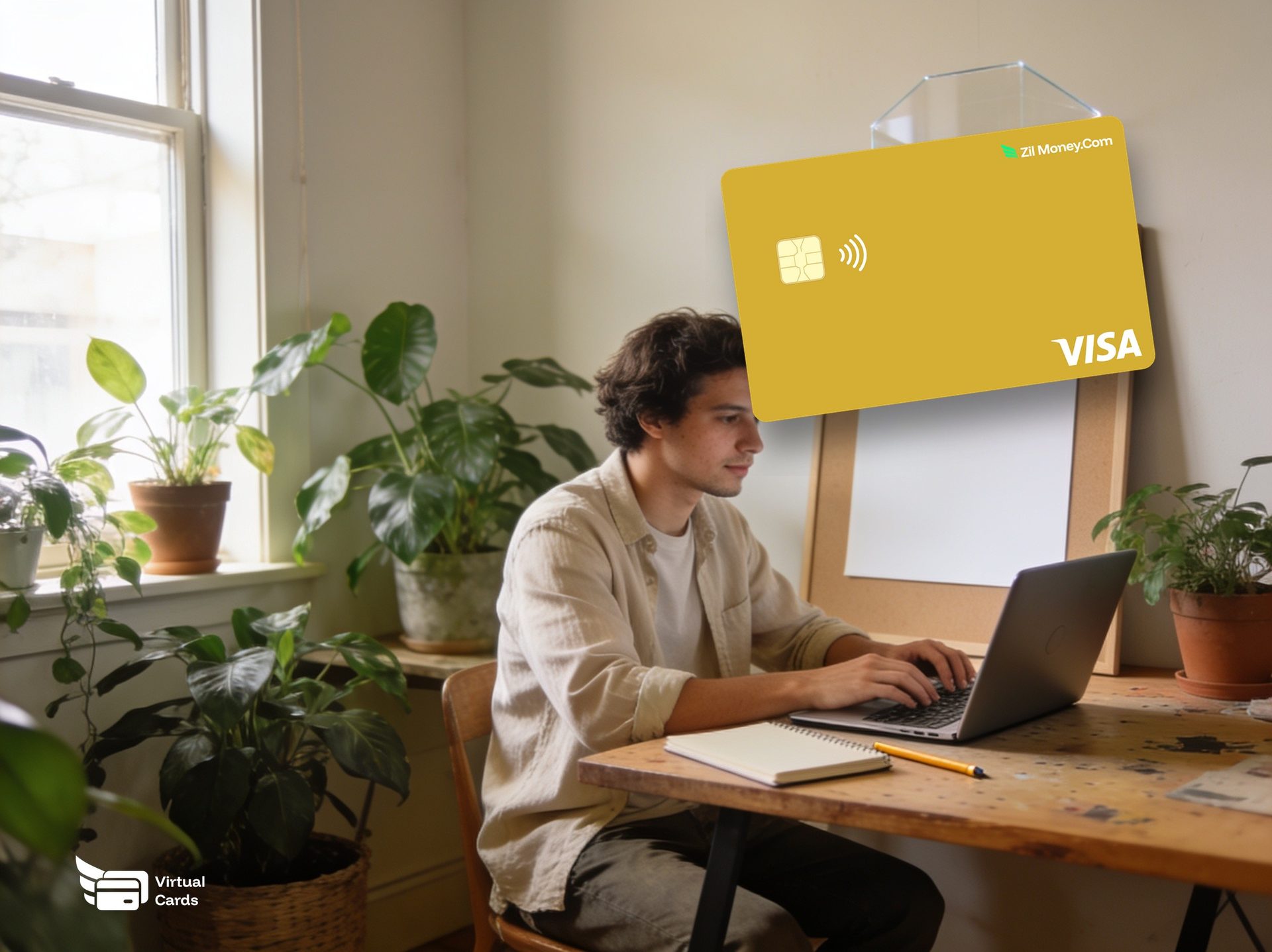 A freelancer at a laptop with a gold Zil Money virtual Visa card, representing virtual cards for freelancers.