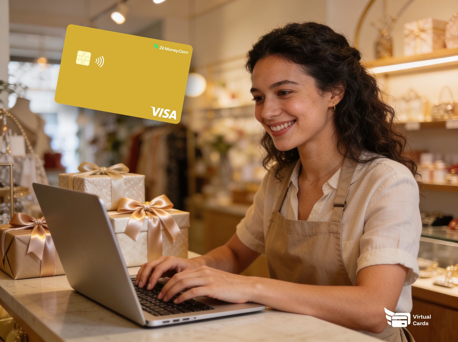 A businesswoman at a laptop with a gold Zil Money virtual Visa card, representing sending customer rewards with virtual gift cards.