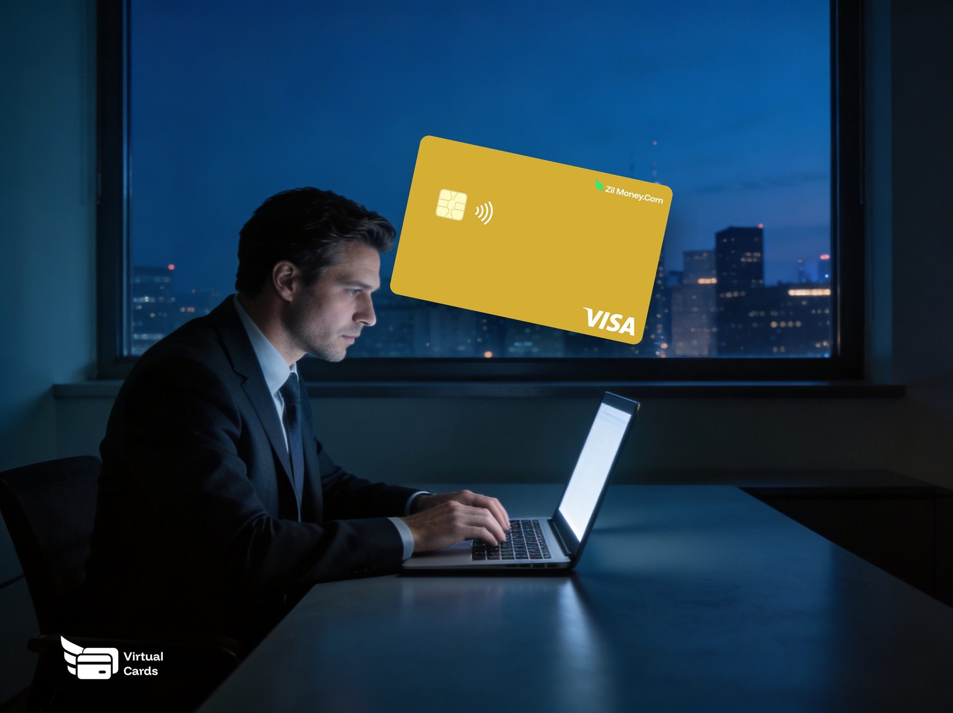 A professional by a city skyline window with a gold Zil Money virtual Visa card, representing virtual cards for international online shopping.