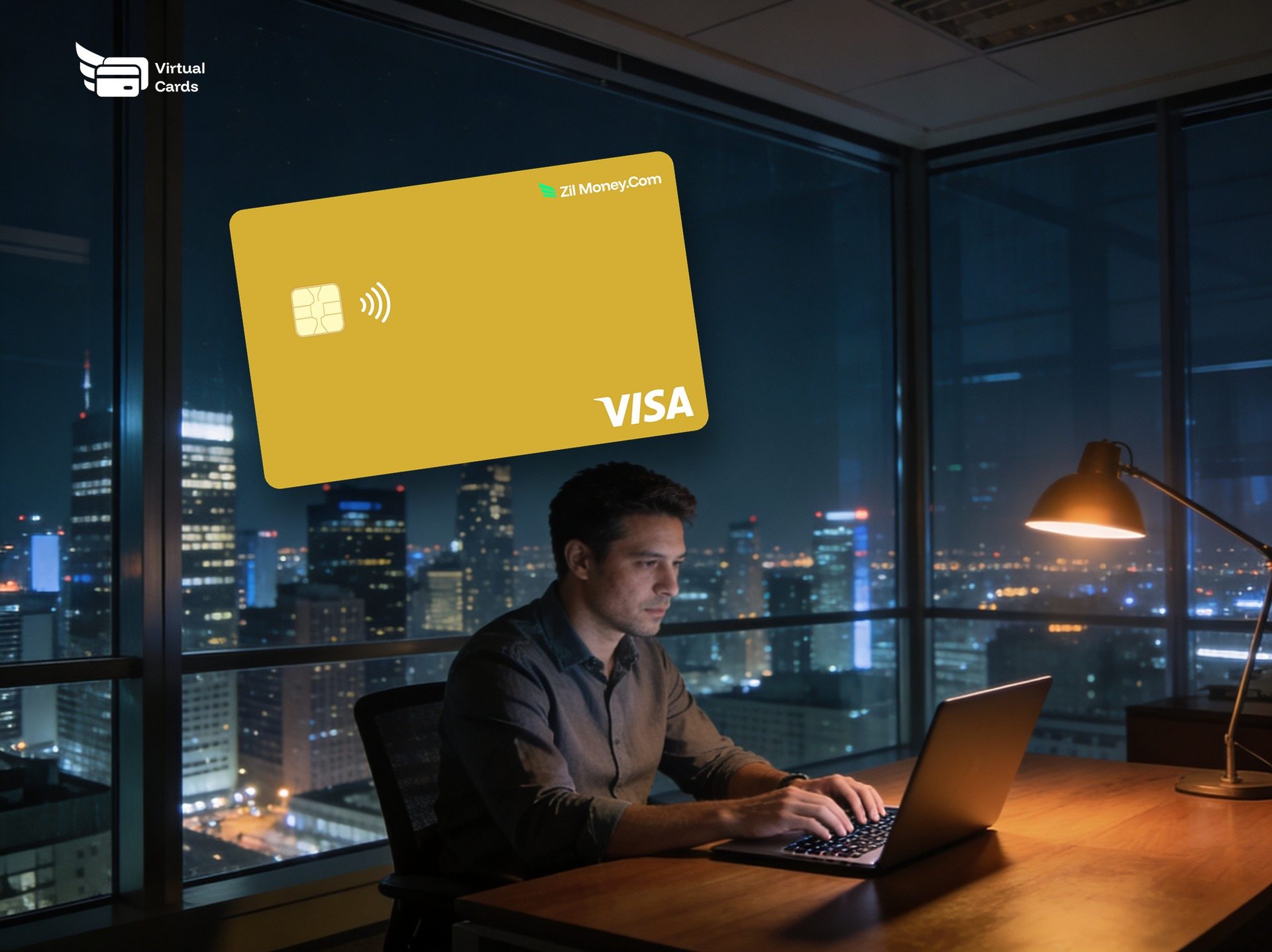 A manager at a laptop with a gold Zil Money virtual Visa card, representing controlling spending across multiple locations.