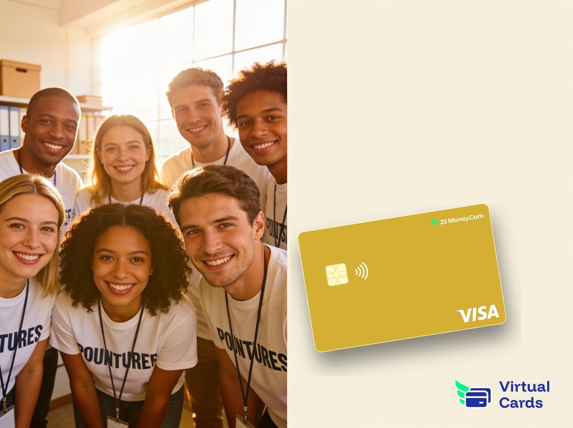A team of smiling nonprofit volunteers with a gold Zil Money virtual Visa card, representing managing nonprofit and grant spending on capped virtual cards.