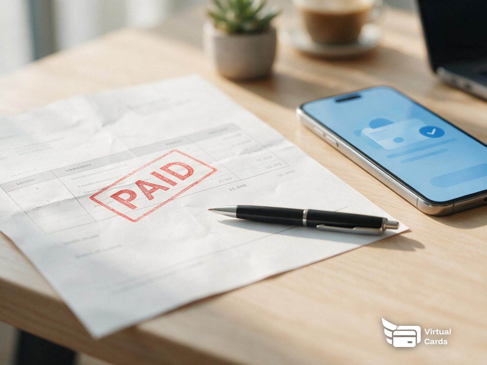A vendor invoice stamped PAID next to a smartphone showing a payment confirmation, representing a one-off vendor payment closed out with a single-use virtual card.