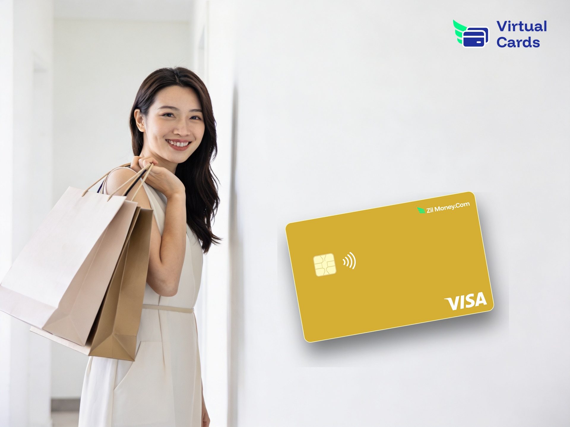A shopper holding bags with a gold Zil Money virtual Visa card, representing shopping online safely with a dedicated virtual card.