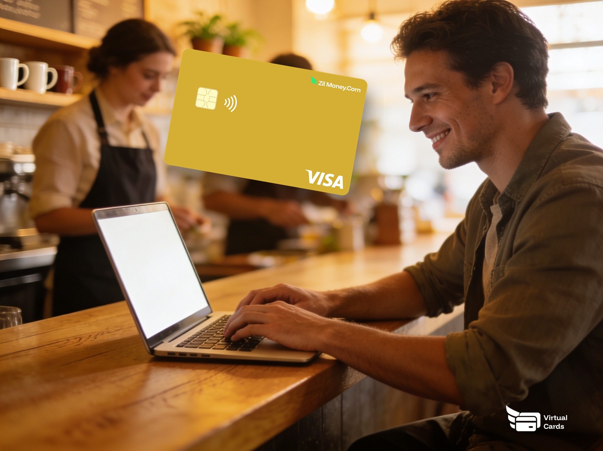 A business owner at a laptop with a gold Zil Money virtual Visa card, representing paying staff without a bank account.