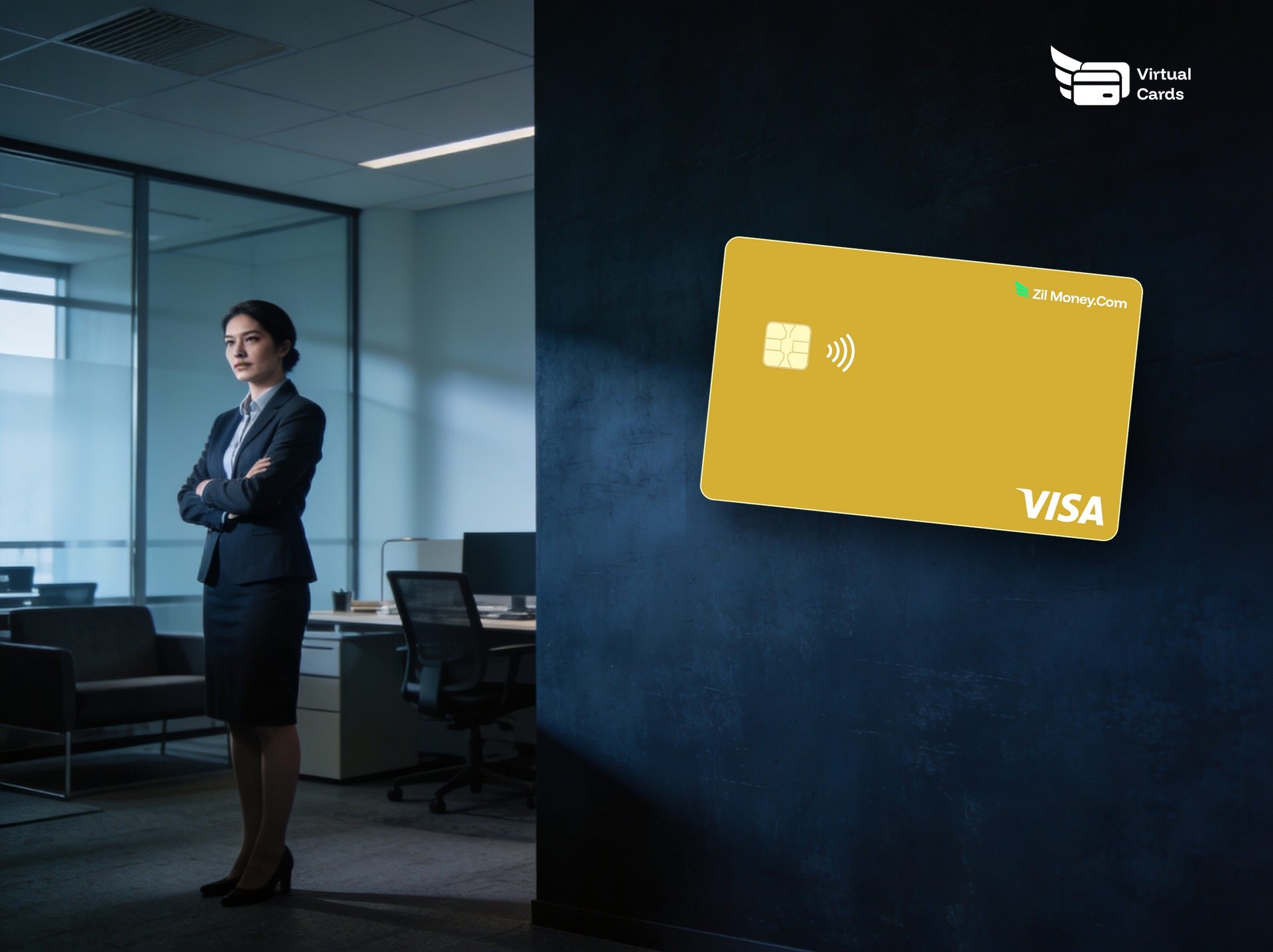 An office manager in a modern office with a gold Zil Money virtual Visa card, representing replacing office petty cash with capped virtual cards.