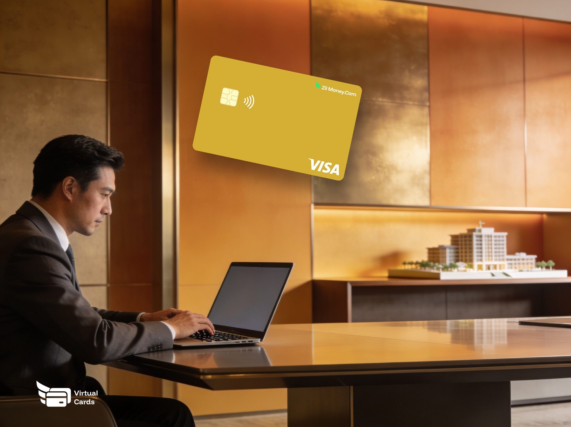 Property manager at a laptop beside a building model, with a Visa virtual card