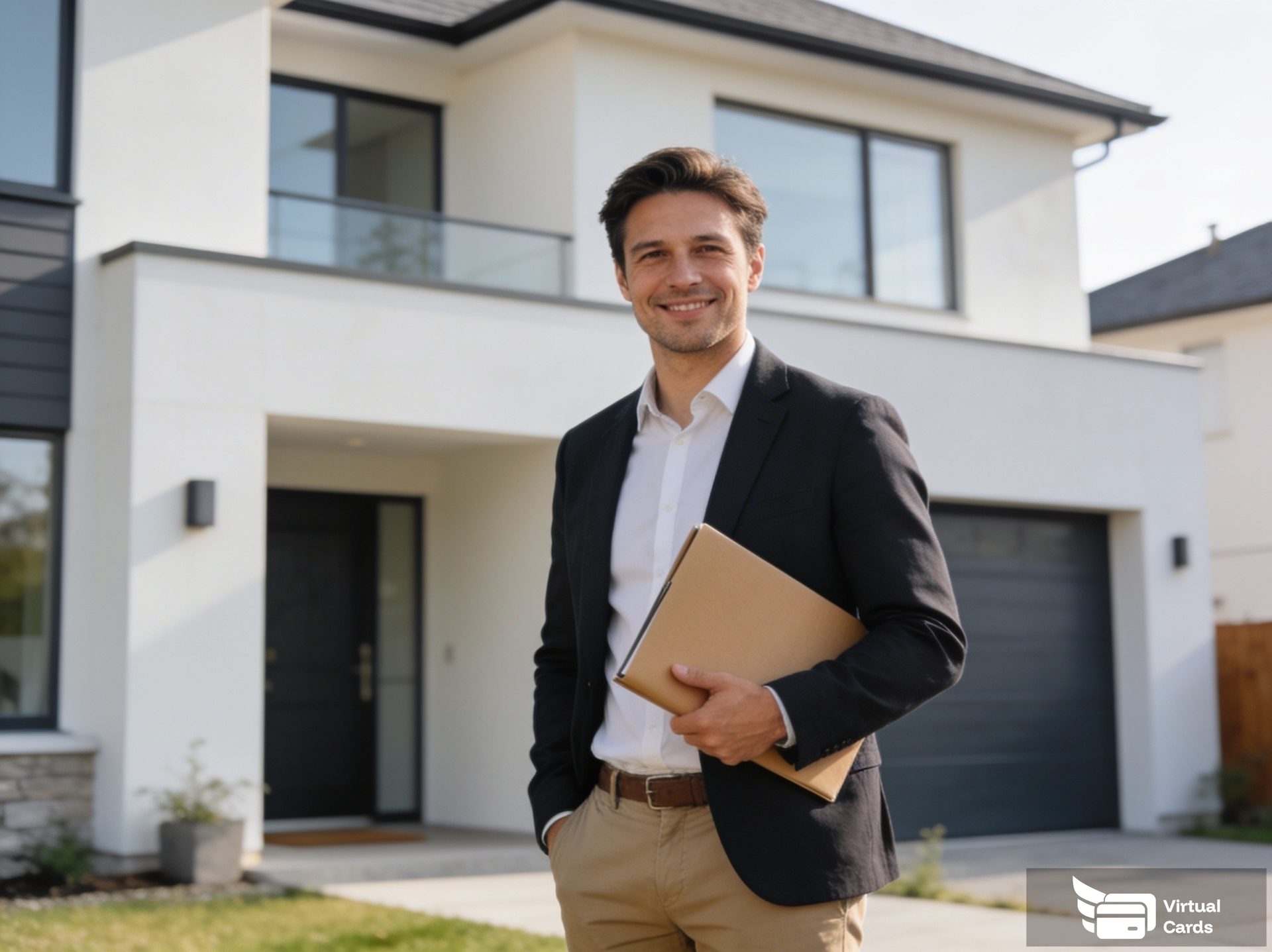 Property manager holding a folder of paperwork outside a modern house