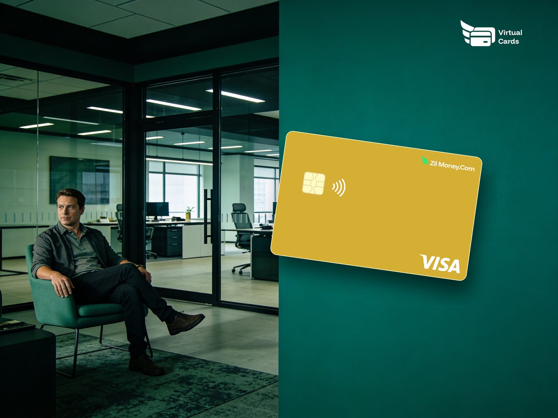 A relaxed professional in a modern teal office with a gold Zil Money virtual Visa card, representing paying recurring bills on separate capped virtual cards.