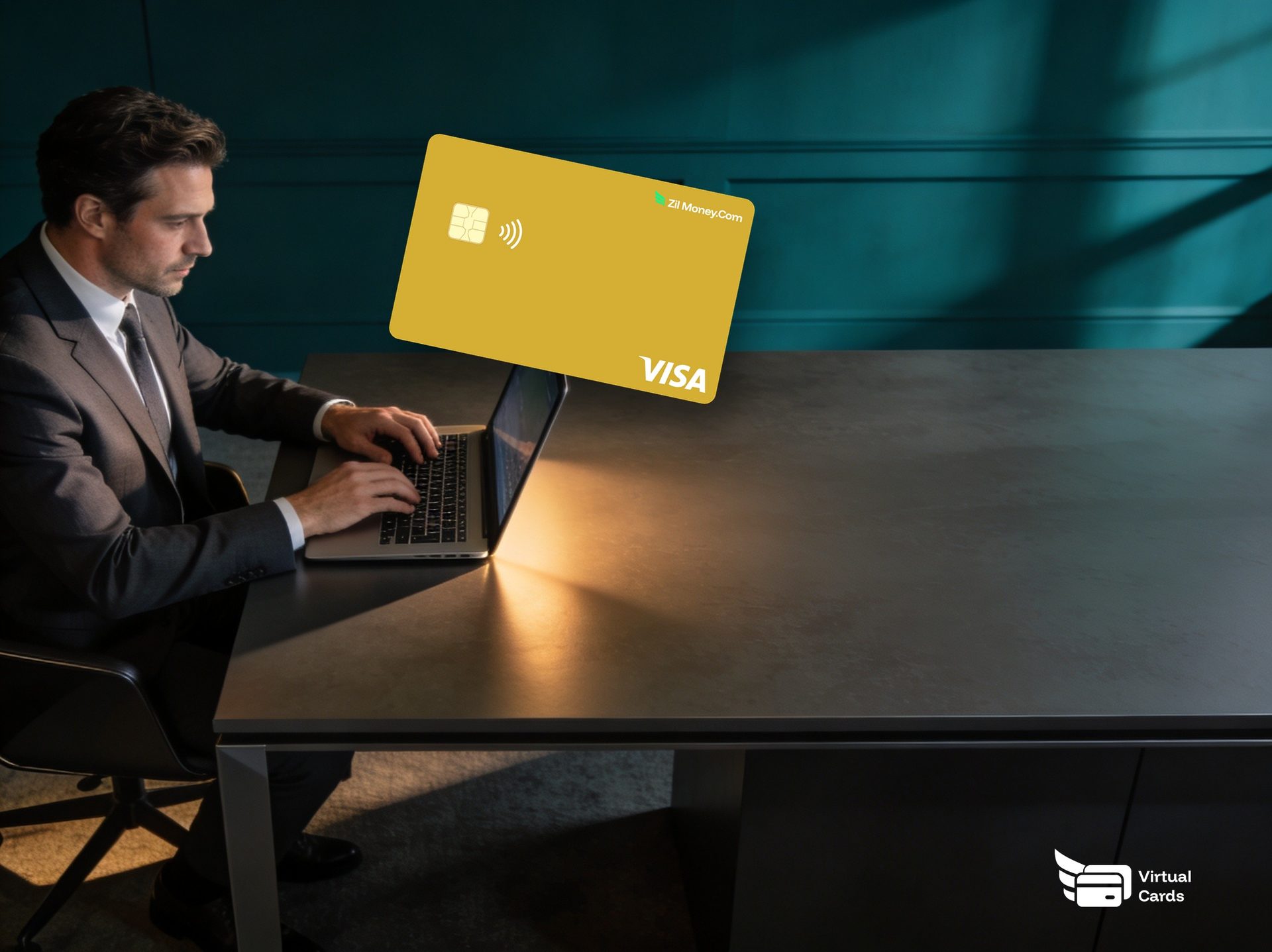 A professional in a modern office with a gold Zil Money virtual Visa card, representing how refunds work on virtual cards.