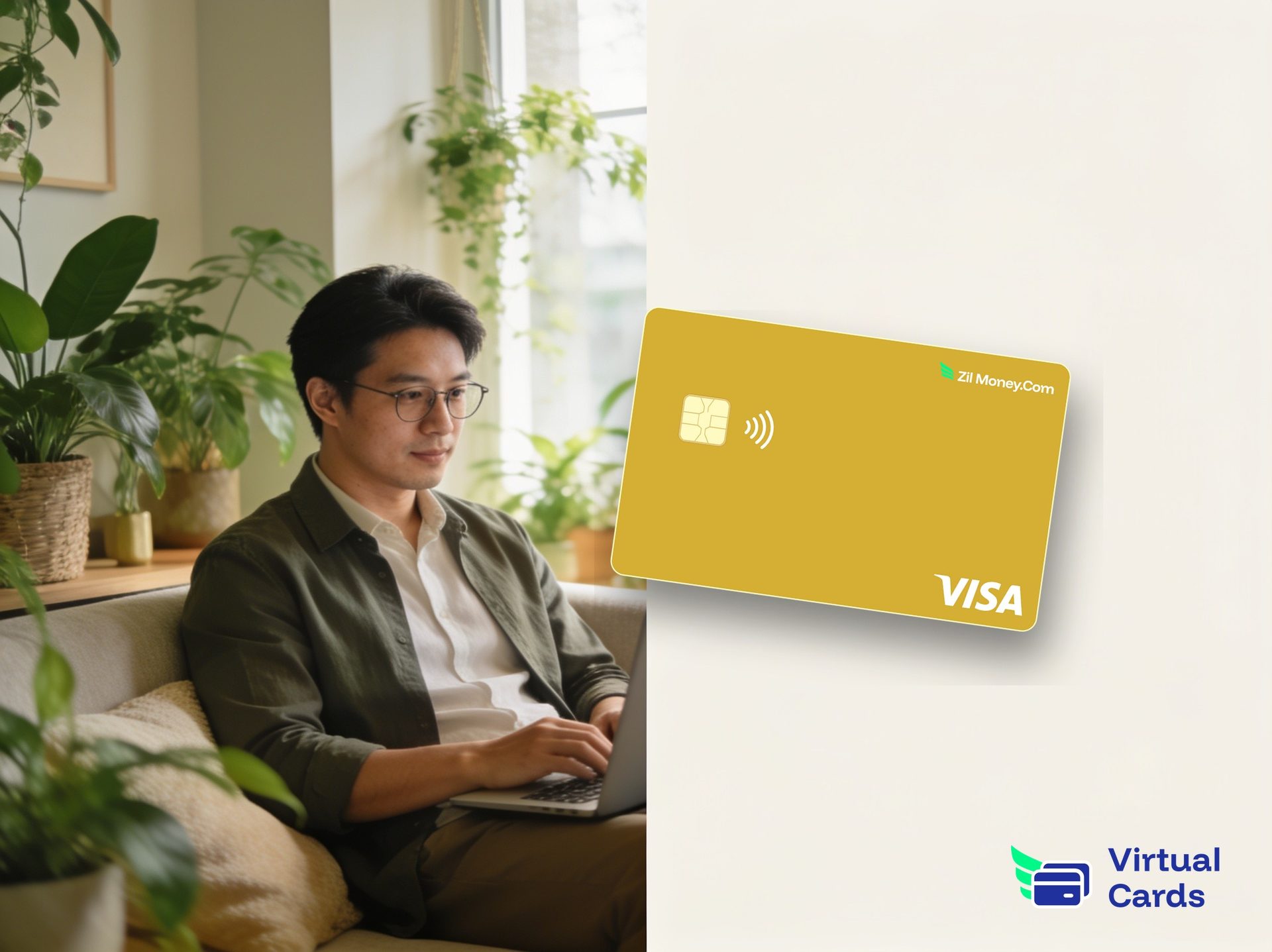 A remote professional in a home office with a gold Zil Money virtual Visa card, representing giving remote employees their own spending card.