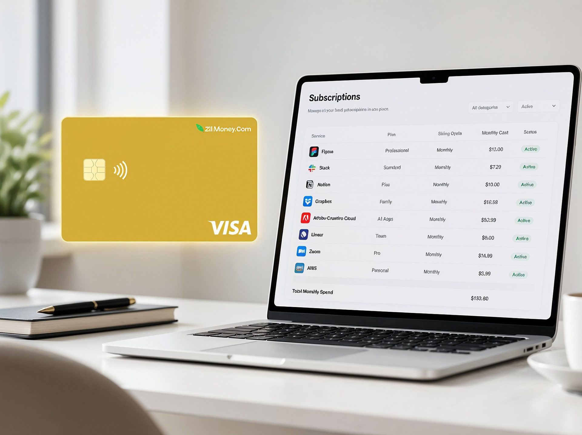A laptop showing a SaaS subscriptions dashboard with monthly costs beside a gold Zil Money virtual Visa card, representing managing SaaS subscriptions with virtual cards.