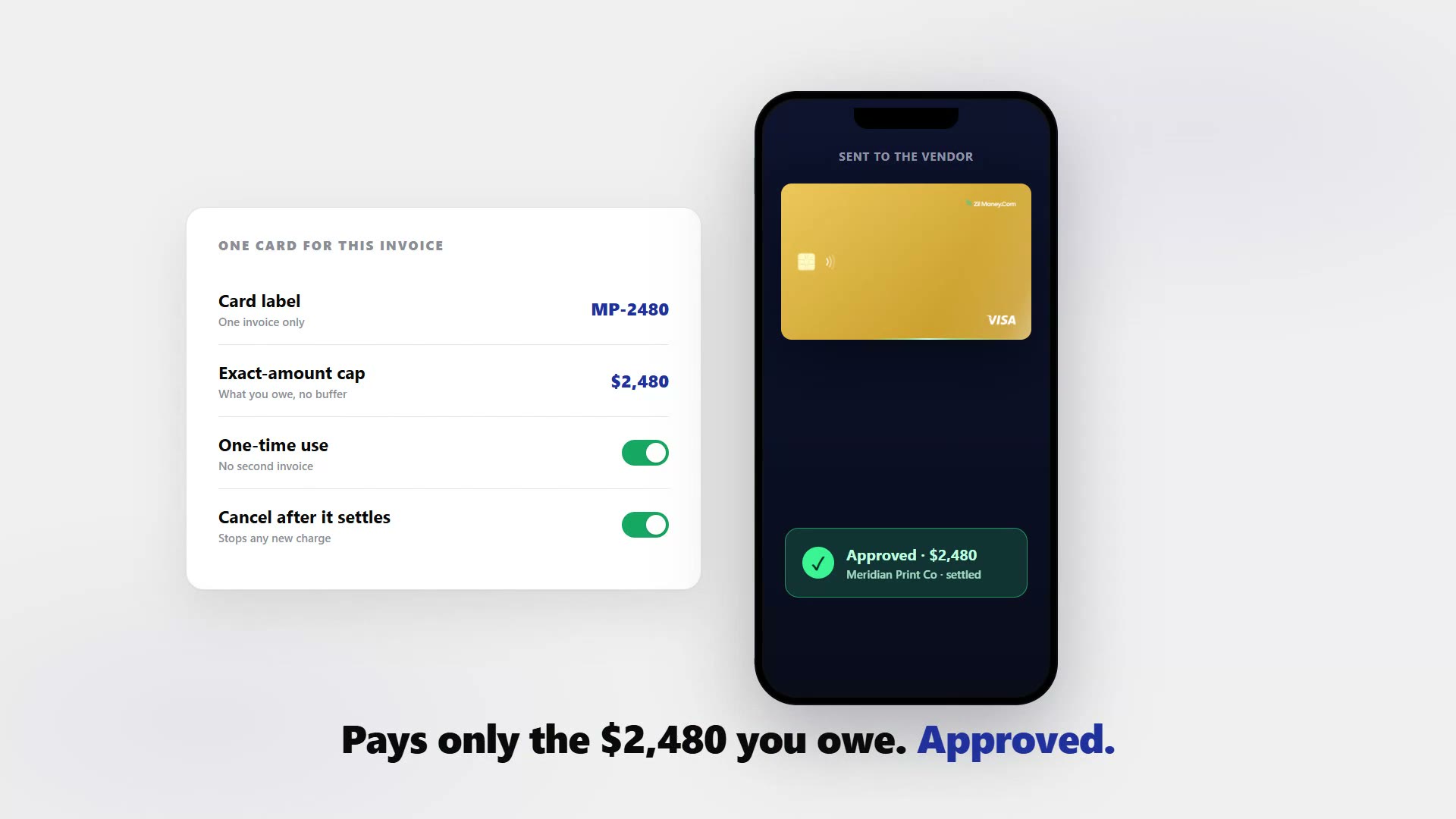 A panel for a single-use vendor card: labelled MP-2480, capped at the exact $2,480 owed, one-time use, cancelled after it settles, beside a phone approving the $2,480 charge from Meridian Print Co.