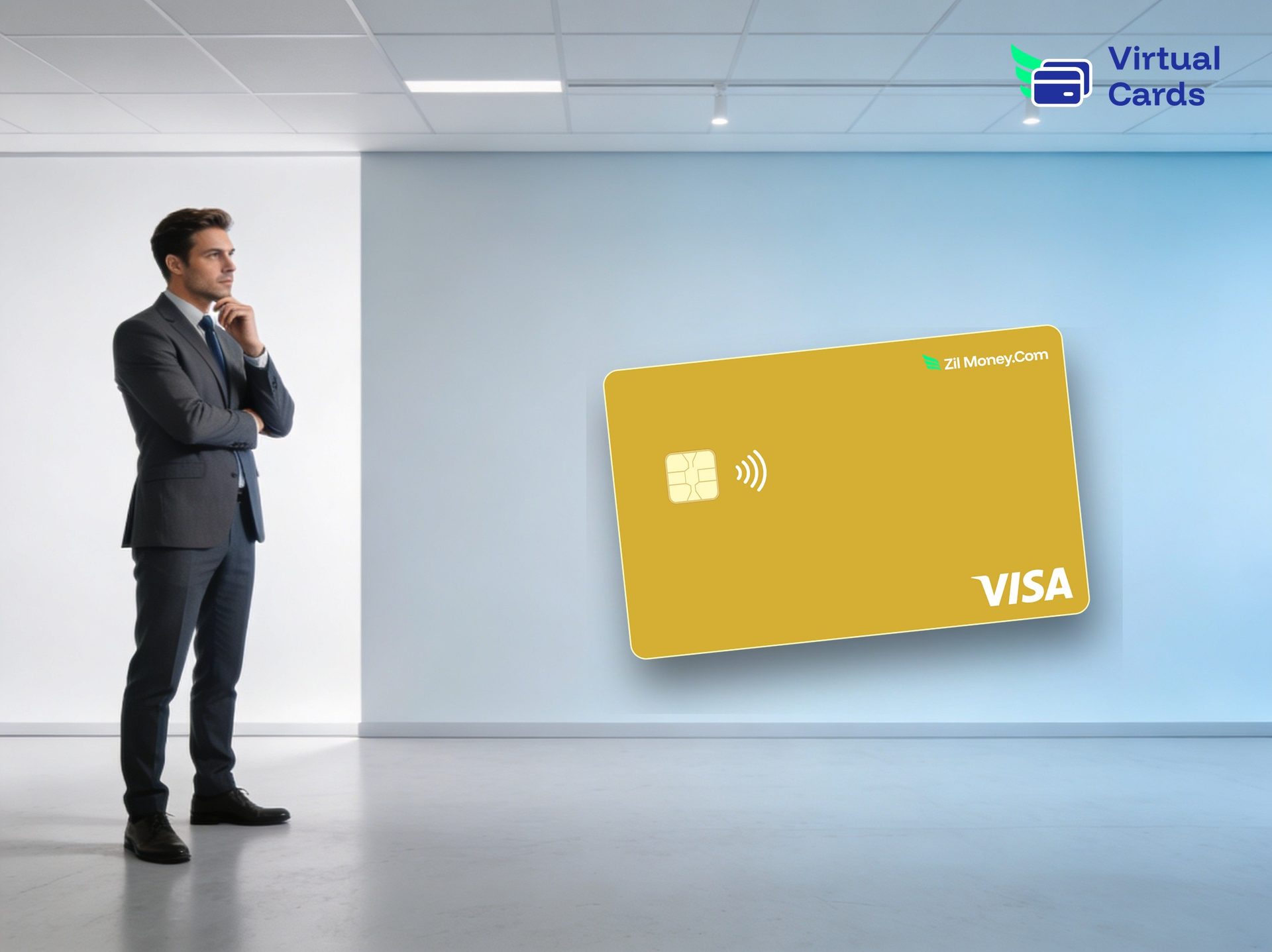 A professional weighing options in a bright studio with a gold Zil Money virtual Visa card, representing single-use versus reloadable virtual cards.