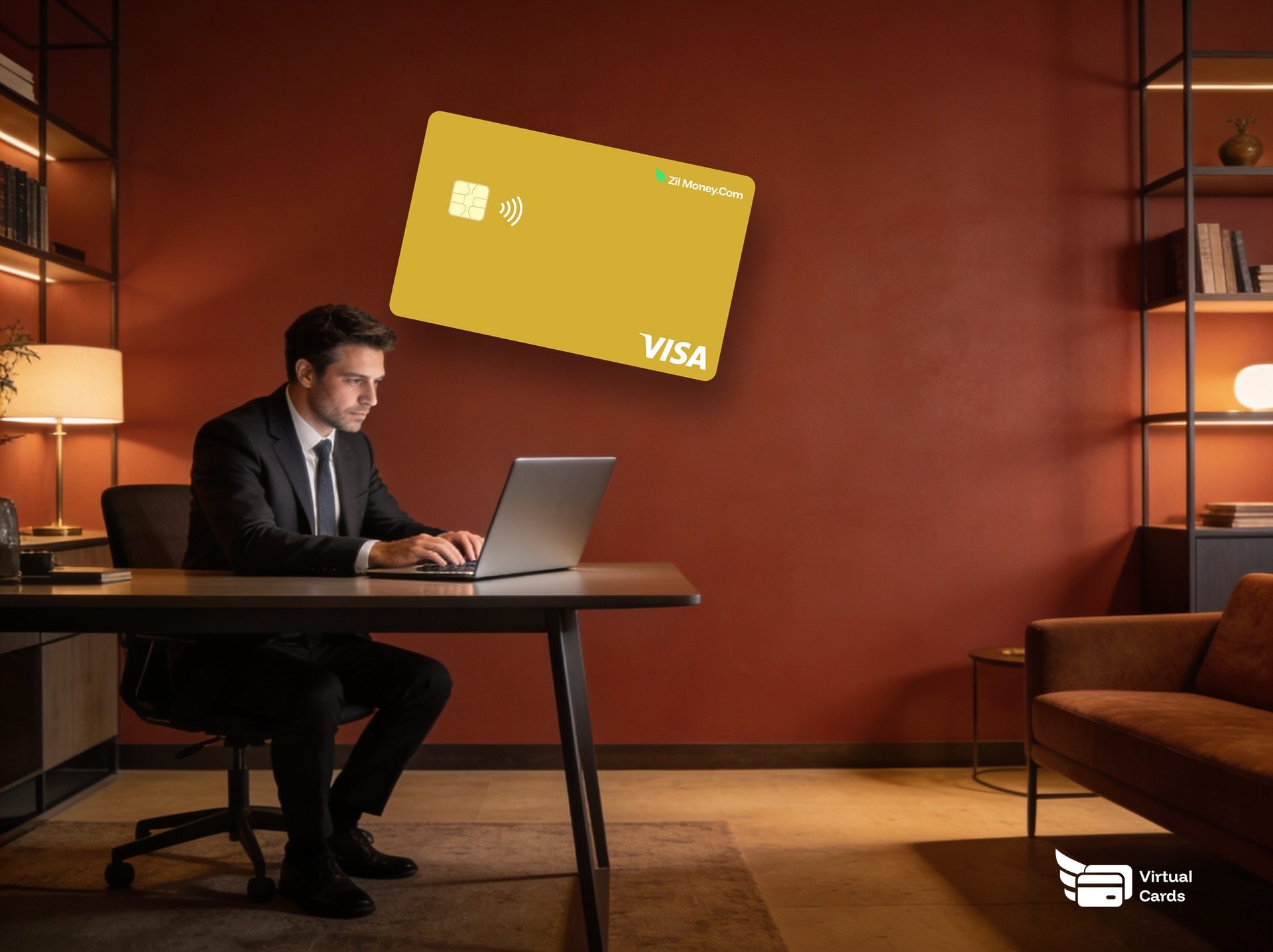 A small-business owner at a laptop with a gold Zil Money virtual Visa card, representing virtual cards for small business.