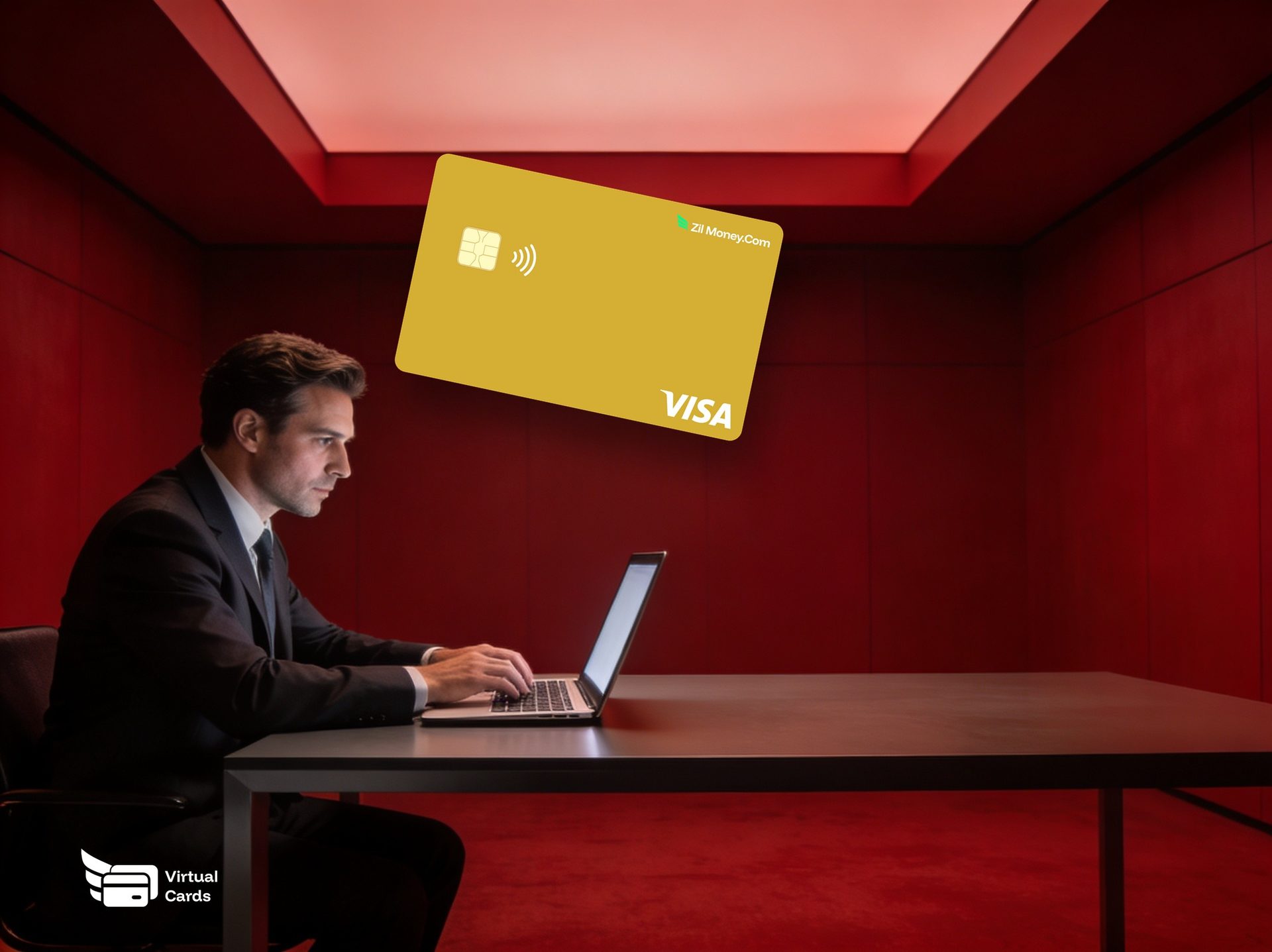 A professional on a deep crimson backdrop with a gold Zil Money virtual Visa card, representing stopping unwanted subscription charges.