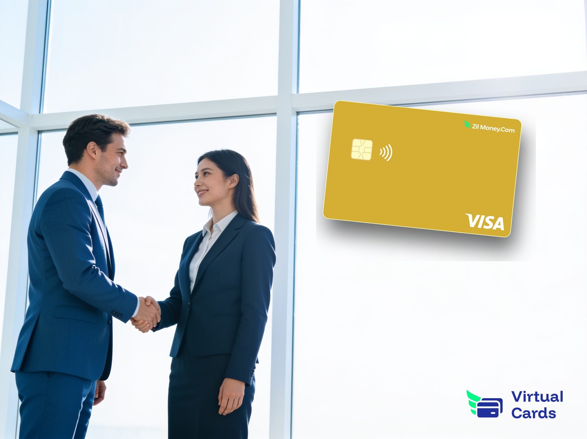 Two business professionals shaking hands with a gold Zil Money virtual Visa card, representing paying vendors with capped virtual cards.