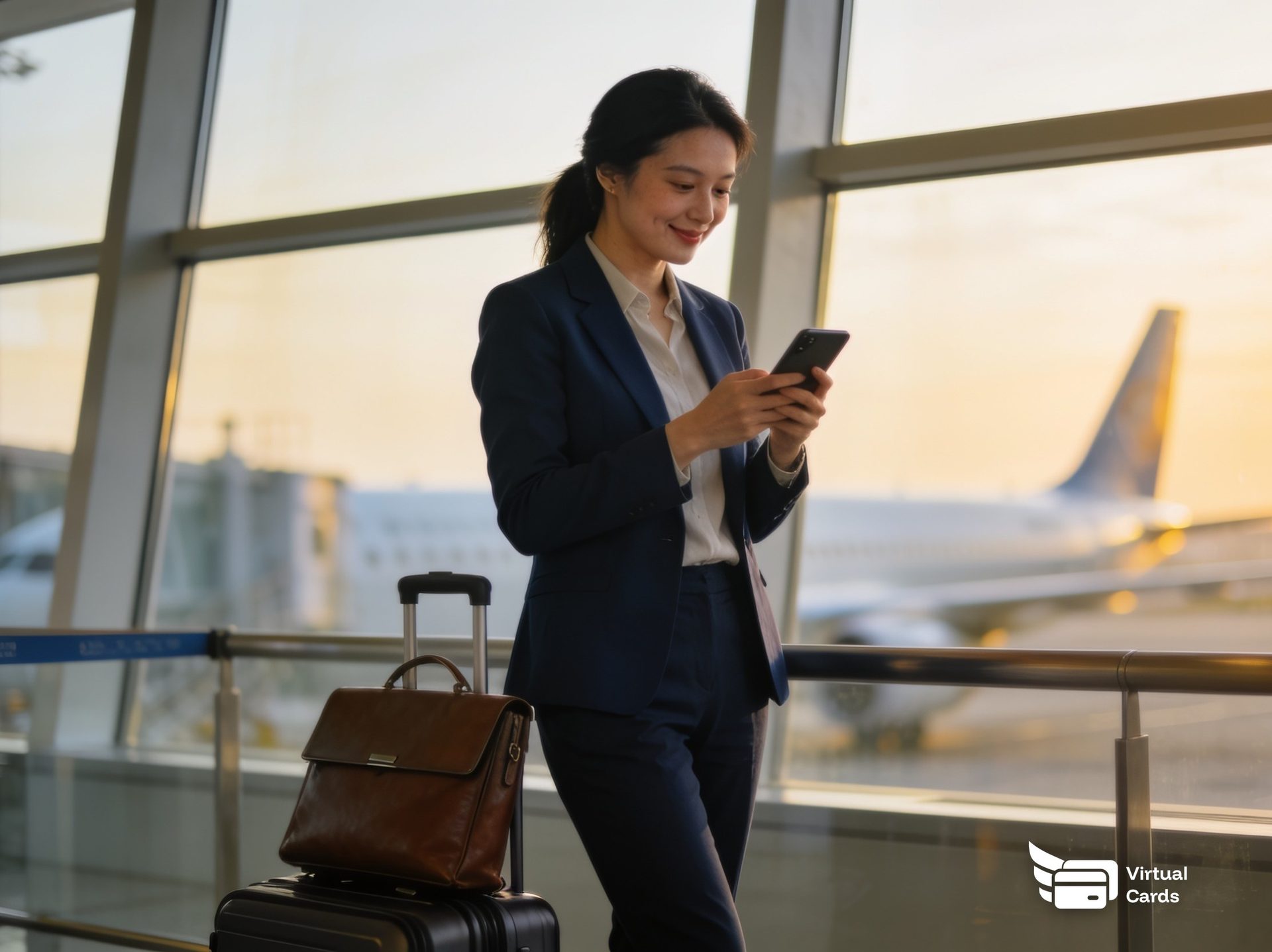 A businesswoman travels through an airport with a laptop bag and a carry-on suitcase while checking her phone before a business trip.