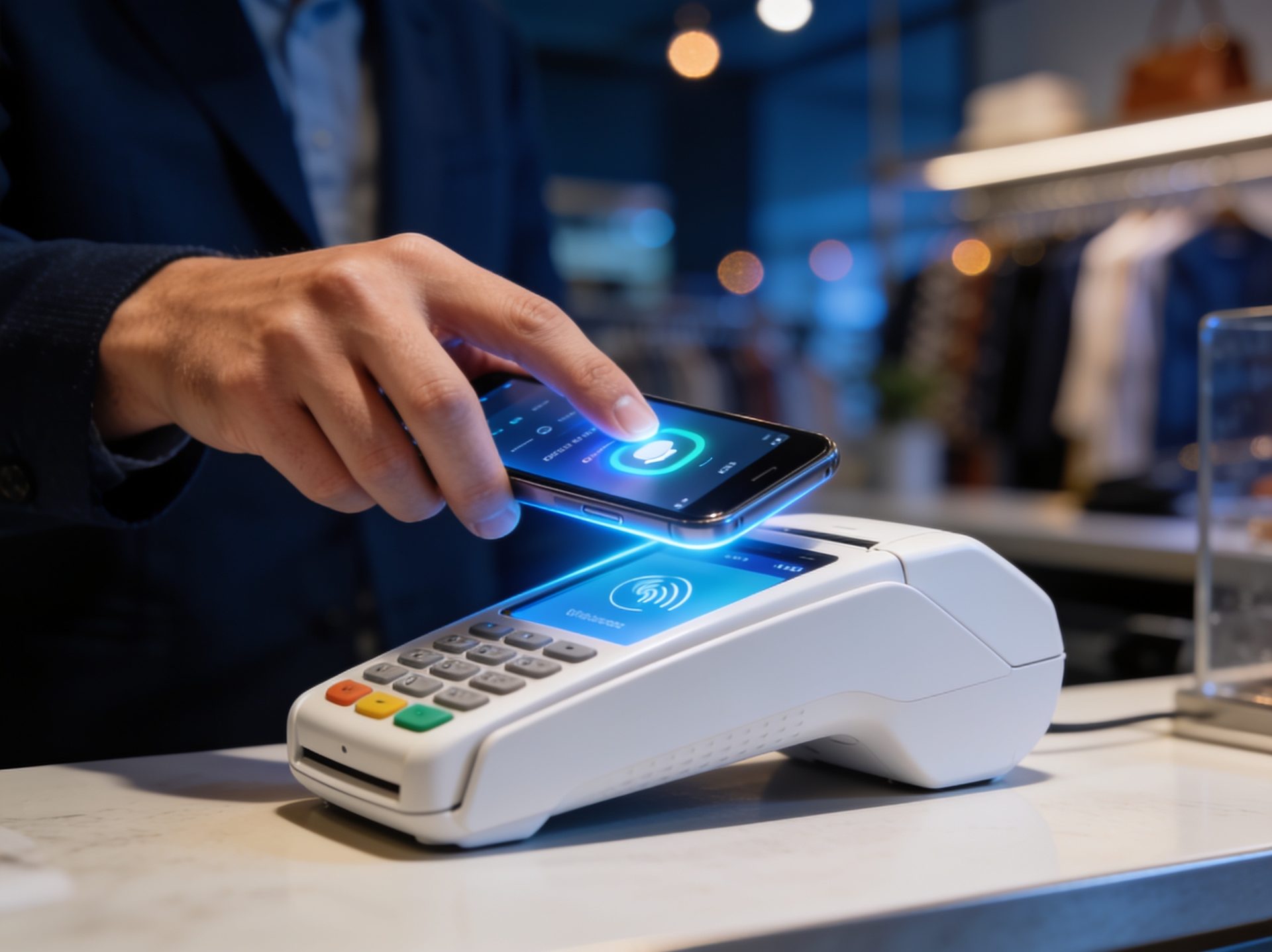 A shopper in a modern retail store with a gold Zil Money virtual Visa card, representing using a virtual card in a store.
