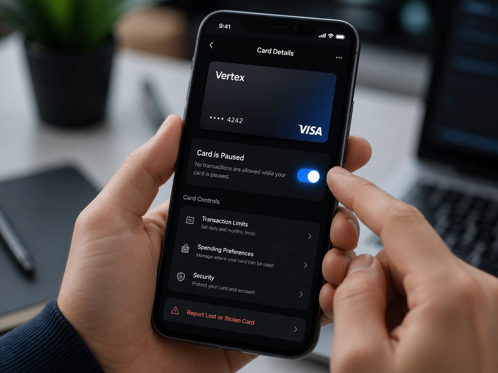 A confident professional in a deep blue office with a gold Zil Money virtual Visa card, representing virtual card payment security.