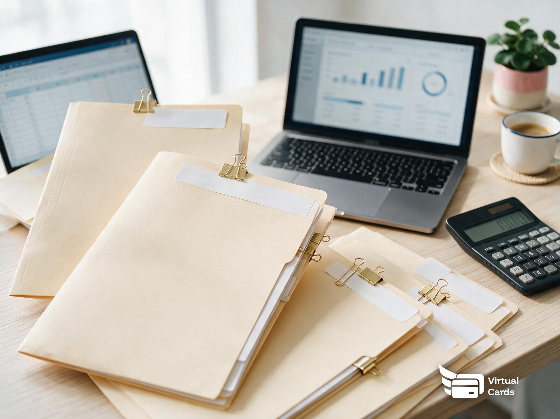 An accounting practice desk with several client folders fanned out next to two laptops showing dashboards, a calculator, and coffee, representing how a multi-client practice separates spend by client.