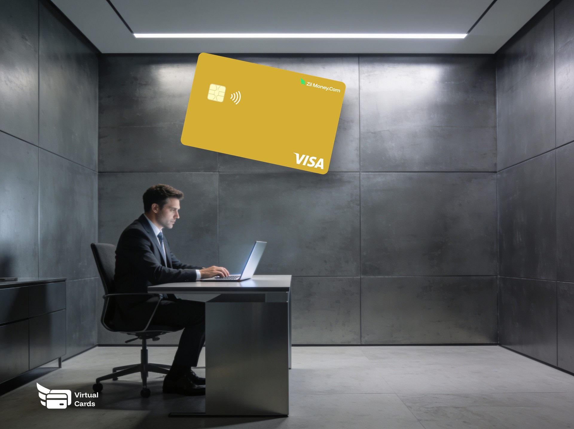 A businessman at a laptop with a gold Zil Money virtual Visa card, representing virtual cards versus ACH for business payments.