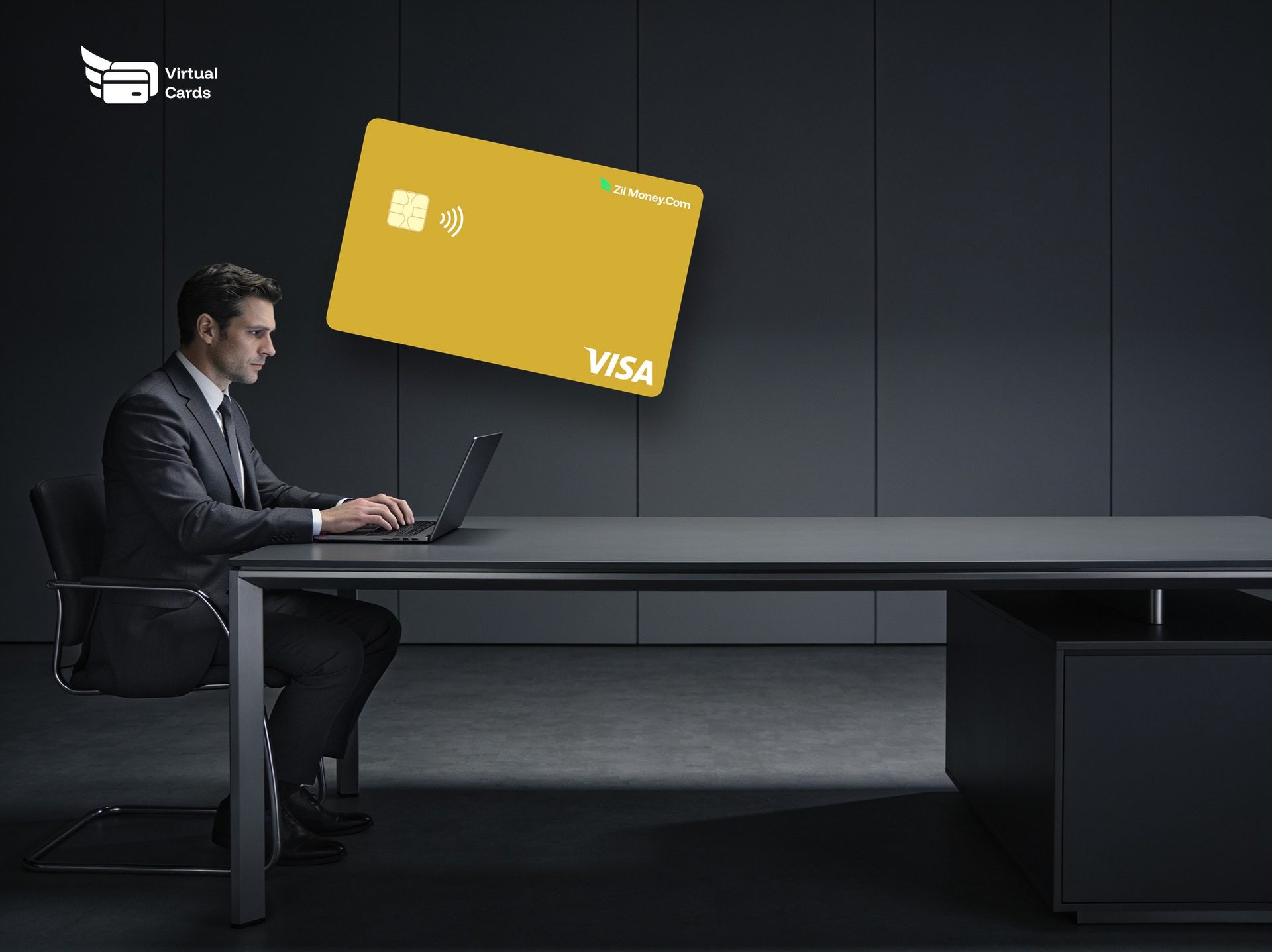 A professional in a modern office with a gold Zil Money virtual Visa card, comparing a virtual card with a credit card.