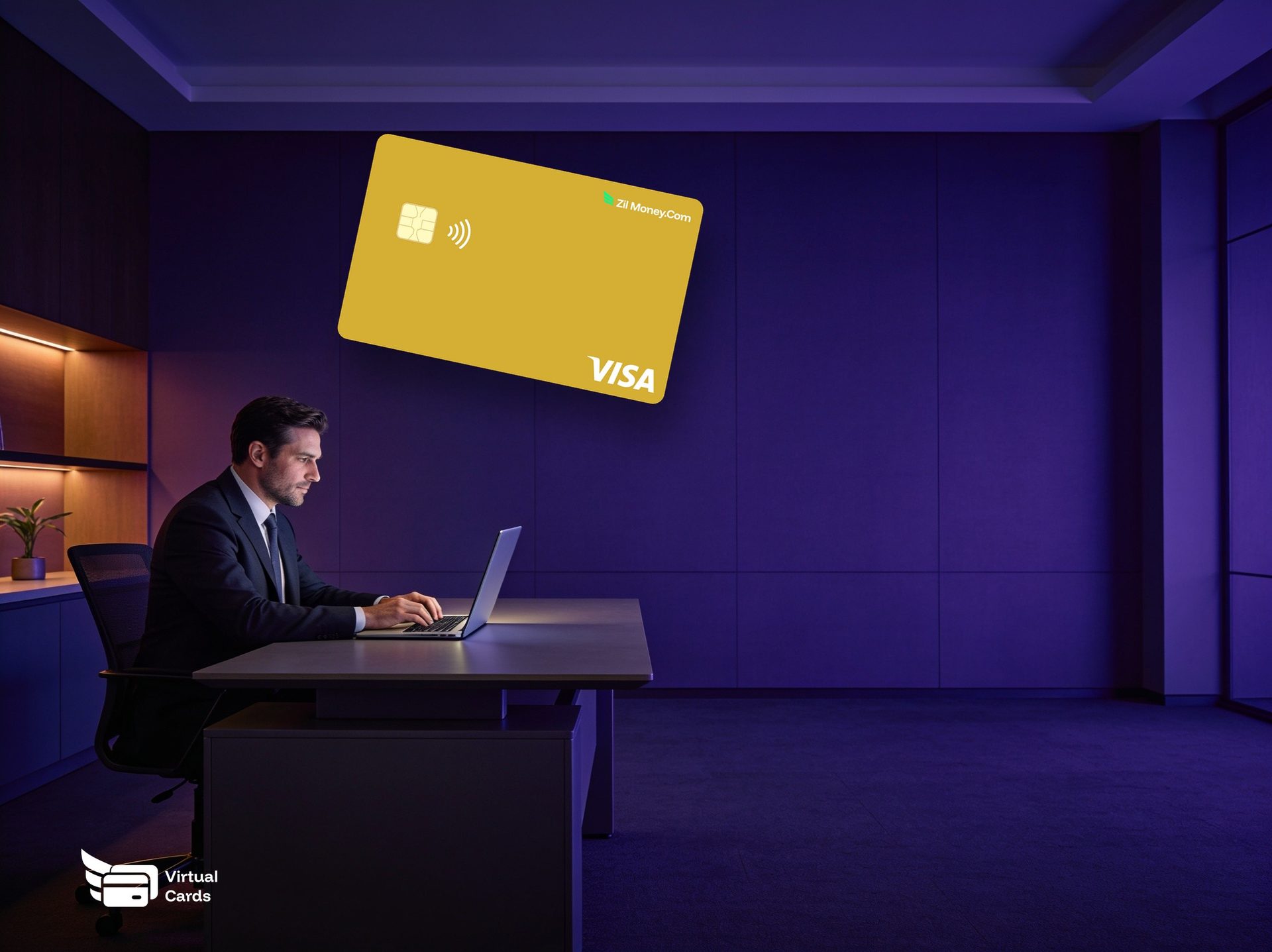 A professional in a warm modern office with a gold Zil Money virtual Visa card, comparing a virtual card with a debit card.
