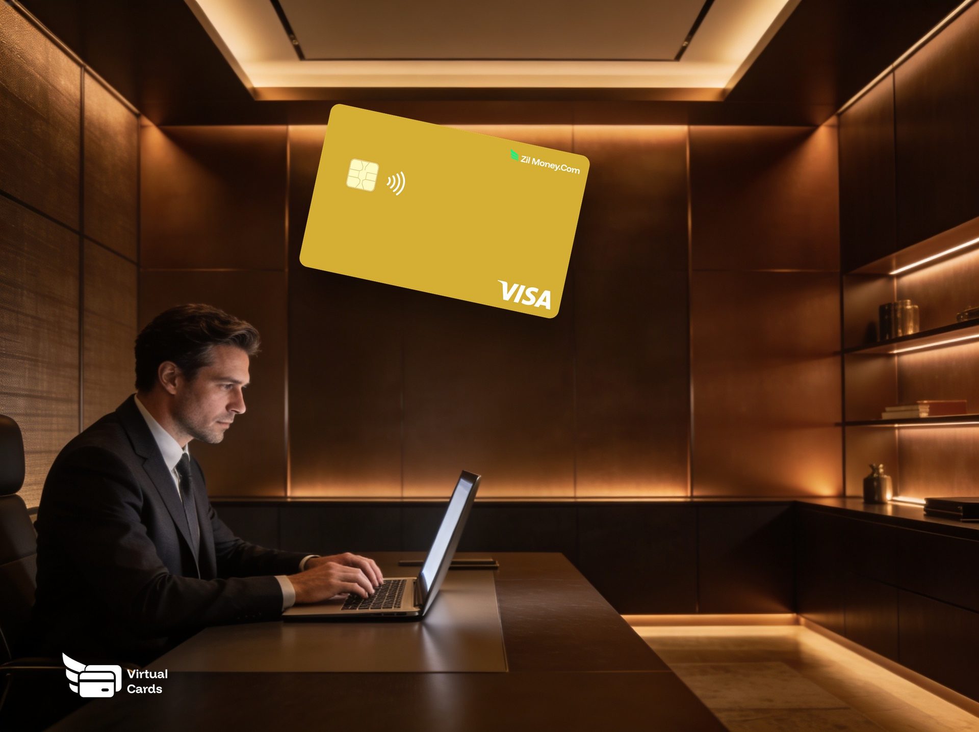 A professional in a steel-grey office with a gold Zil Money virtual Visa card, comparing a virtual card with a physical card.
