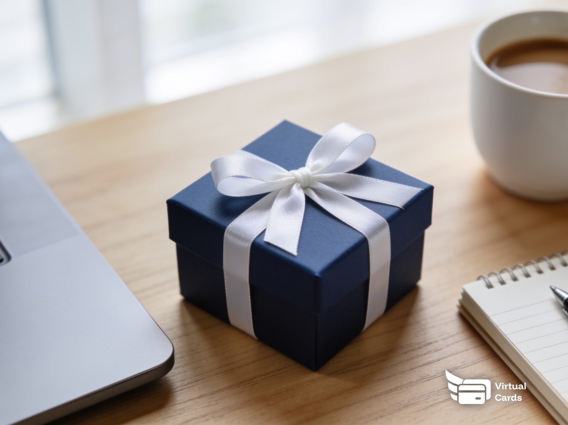 A wrapped navy gift box with a white ribbon on an office desk beside a laptop and a cup of coffee, representing a Visa gift card sent to an employee.