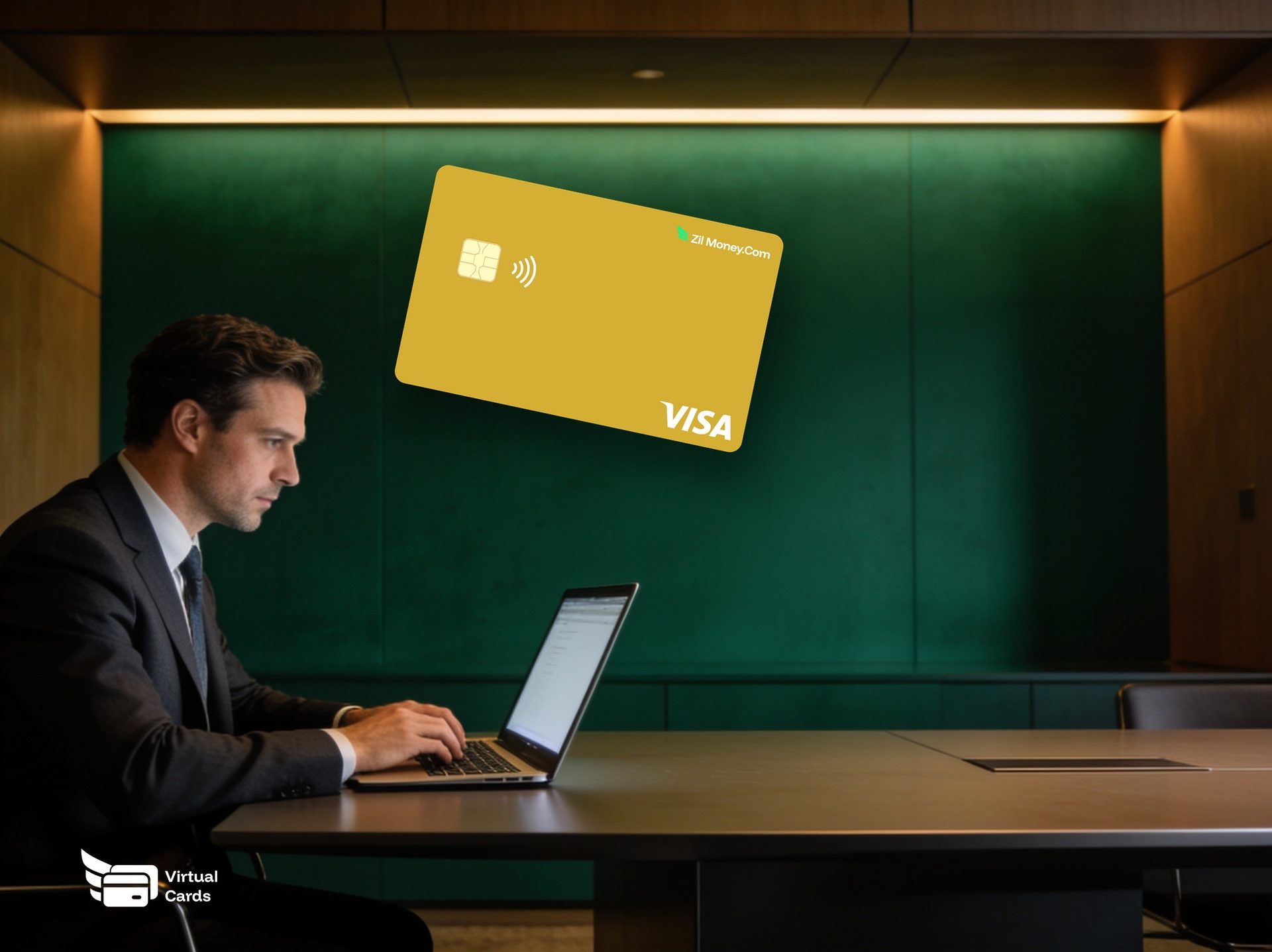 A friendly professional in a modern office with a gold Zil Money virtual Visa card, explaining what a virtual card is.