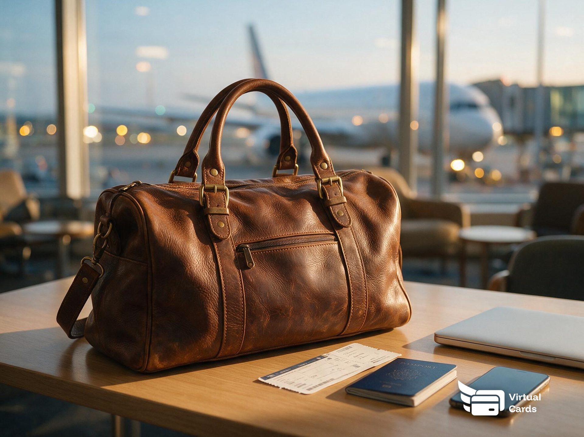 A leather travel bag, boarding pass, passport, phone, and laptop rest on a wooden airport lounge table, with an airplane at the gate visible through the window behind them.