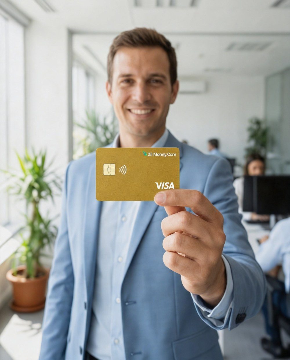 Employee in an office holding up a Visa employee card