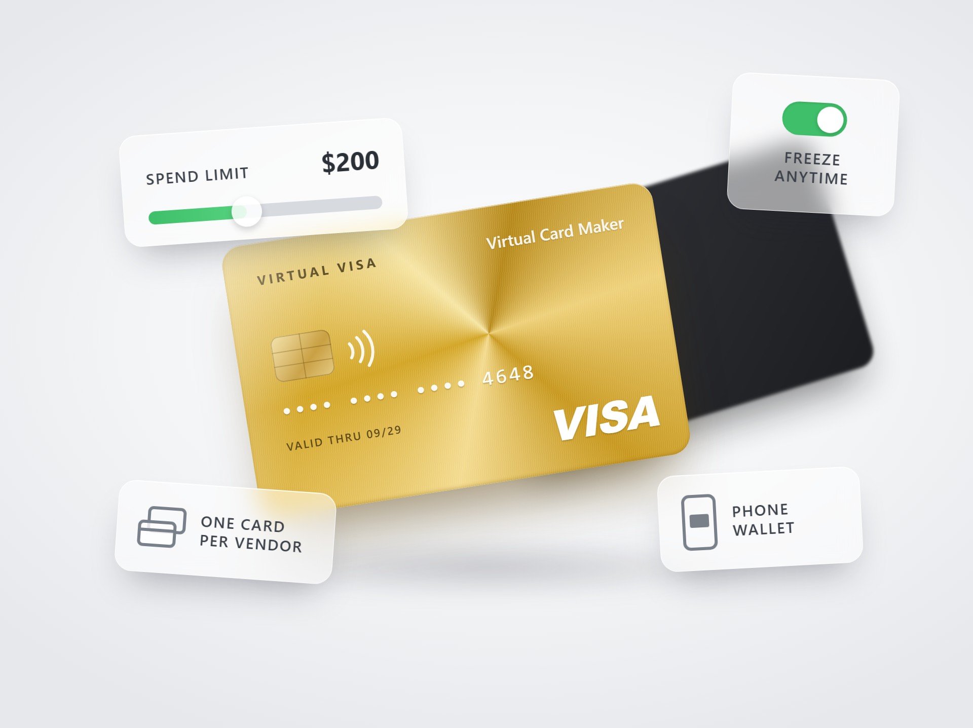 A Virtual Card Maker virtual Visa card surrounded by panels for spend limit, freeze anytime, one card per vendor and phone wallet